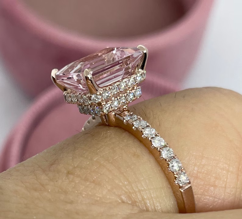 2.30Ctw Emerald Cut Lab-Created Morganite Engagement Ring 14K Rose Gold Plated