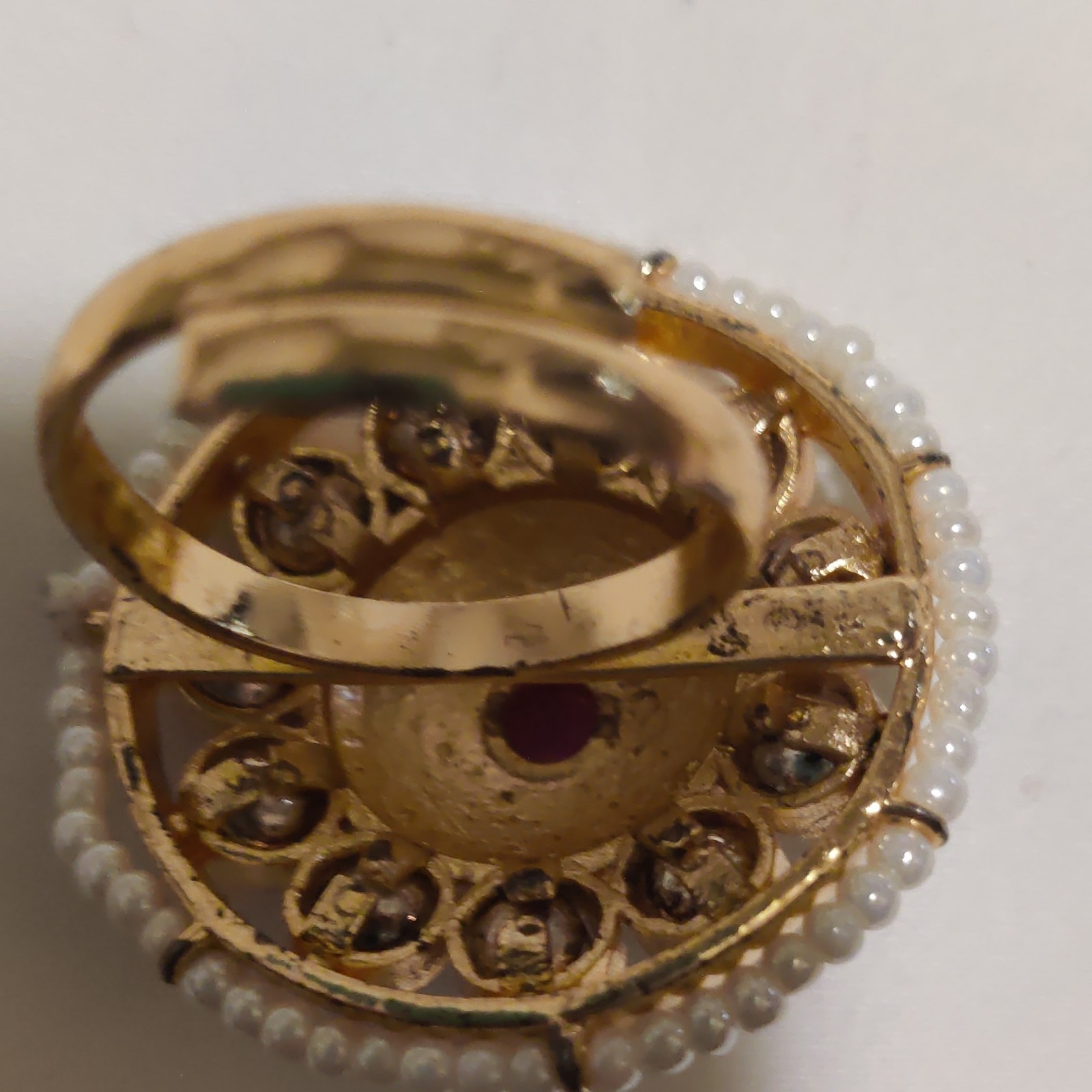 Gold Tone Round Cocktail Ring Red Stone Green Dome White Beads adjustable size