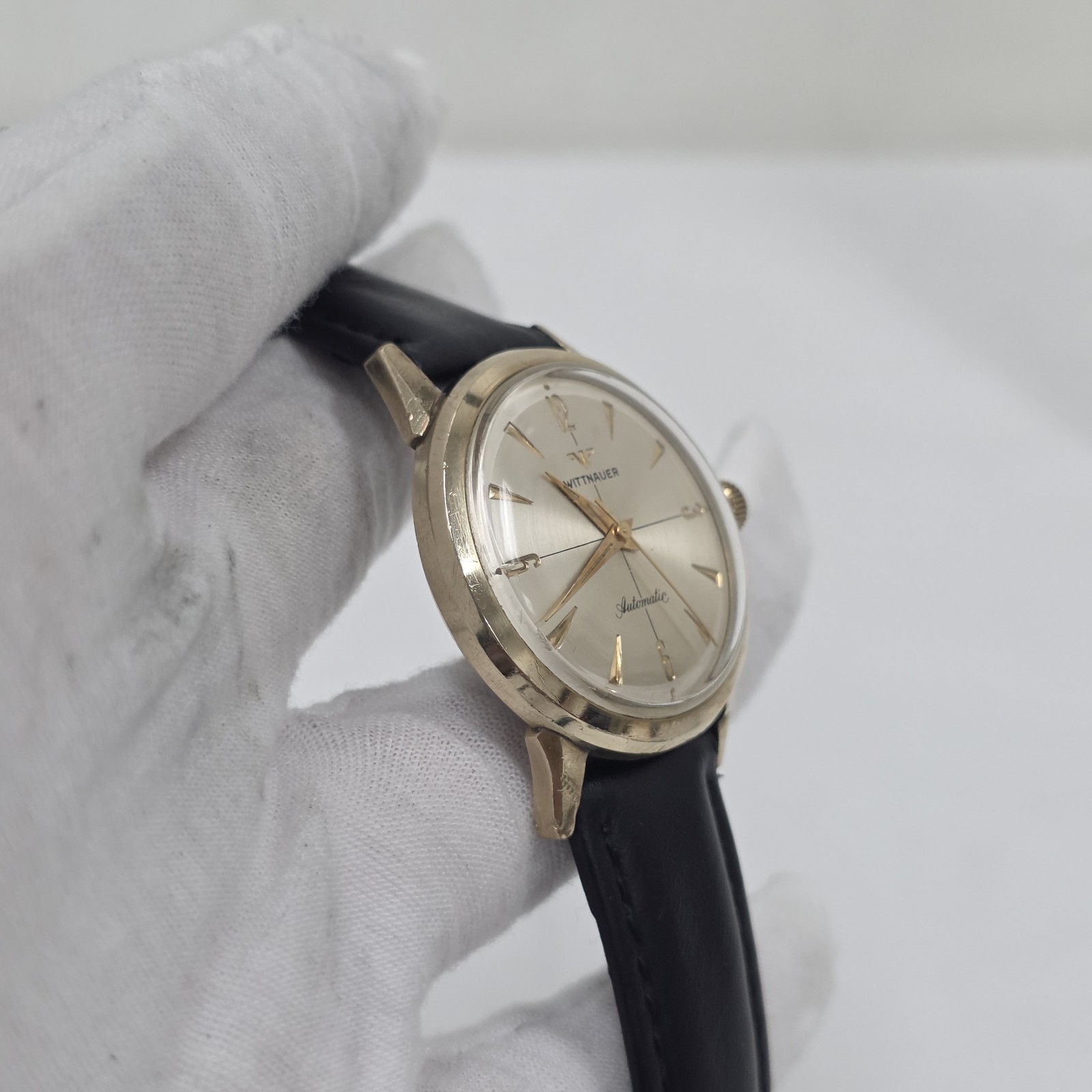 Vtg Wittnauer Mens Automatic Watch Swiss 11SR 17J 34mm Crosshair 10k Gold Filled