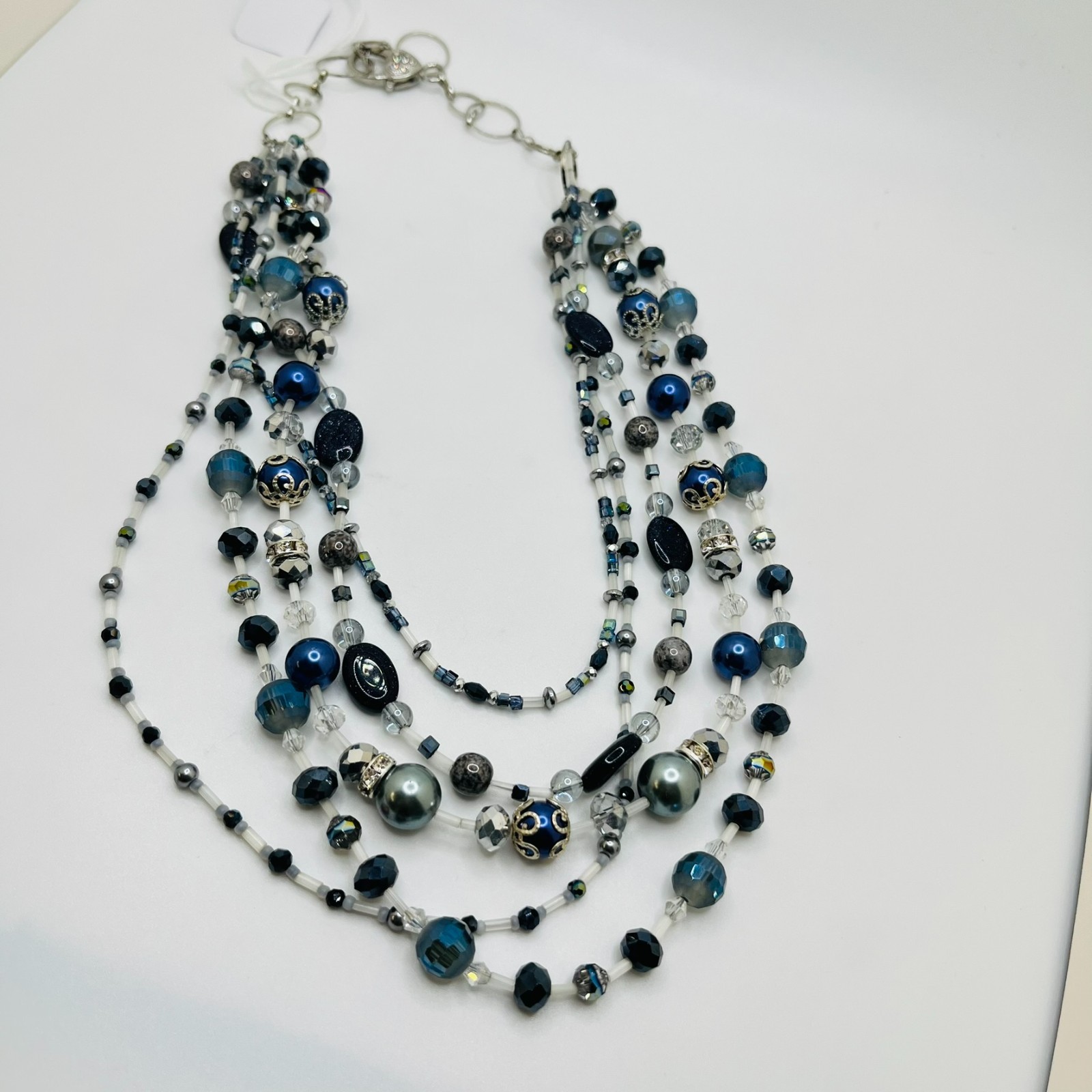 Blue White Silver Beaded 5 Strand Necklace 18″ long – HANDMADE