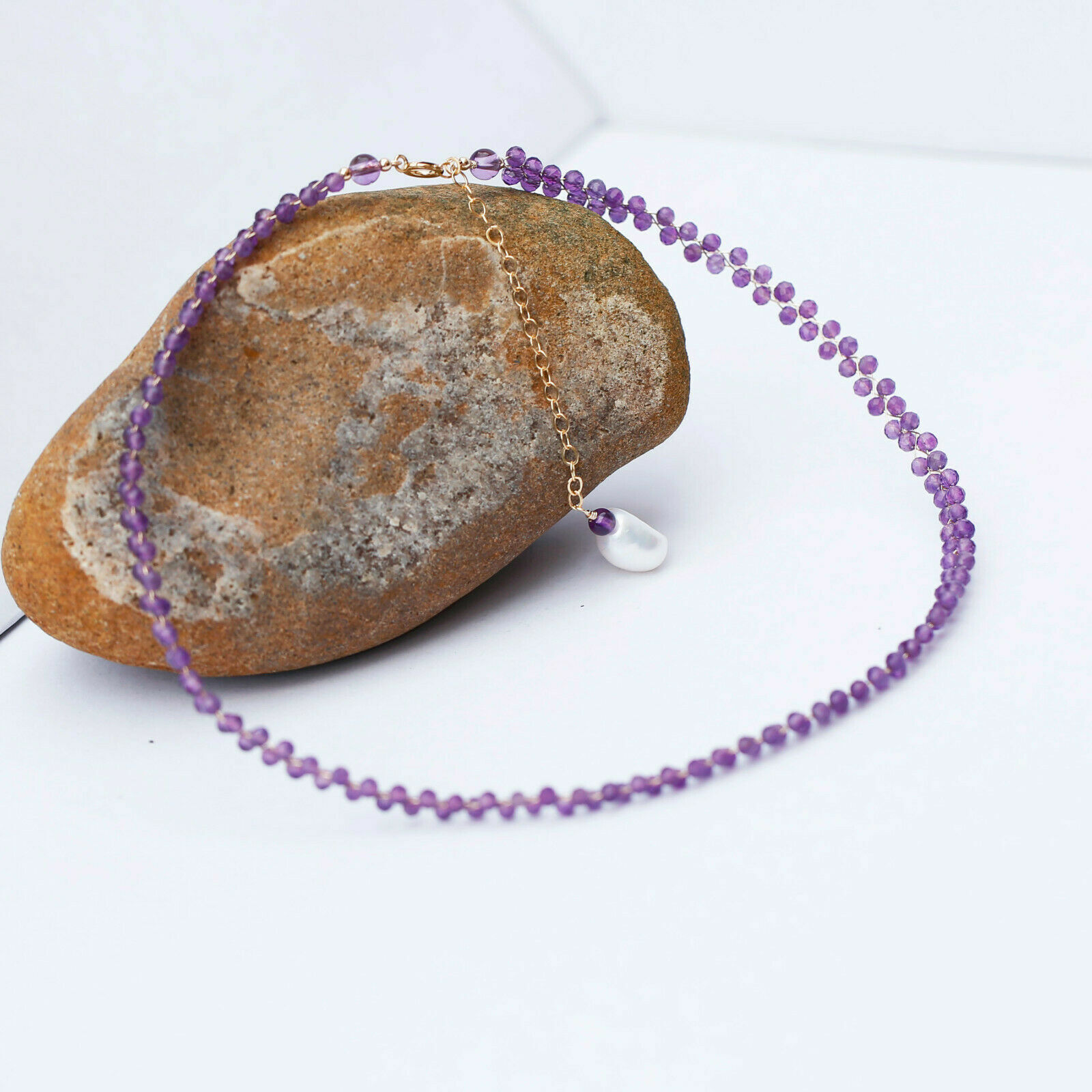 Natural Amethyst 35cm+5cm weave necklace choker W/9-10mm AAA+ pearl pendant #55