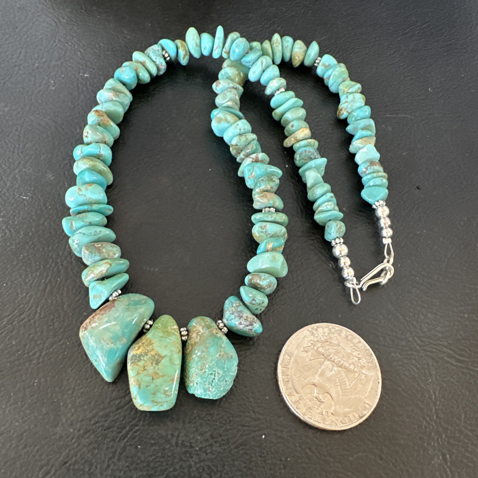 Green Royston Turquoise Bead Navajo Sterling Silver Beads Necklace 16” 15992