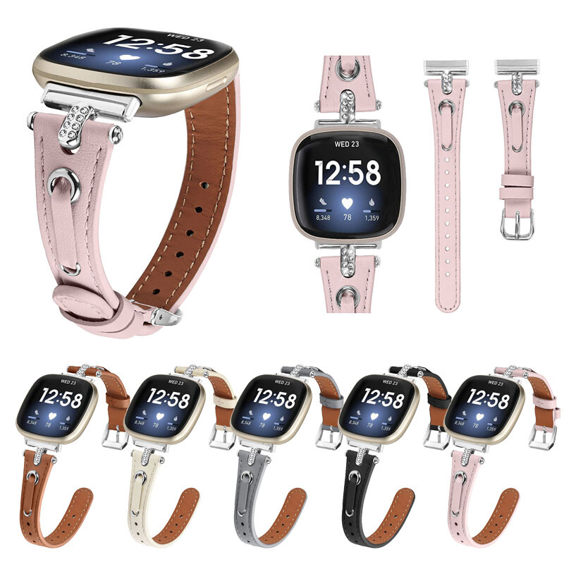 For Fitbit Versa 3/4 Sense 2 Genuine Leather Bracelet Band Rhinestones Strap