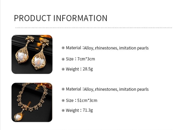 Vintage 2 Pcs Gold Tone Imitation Pearl Necklace Earrings Set Floral Dangle