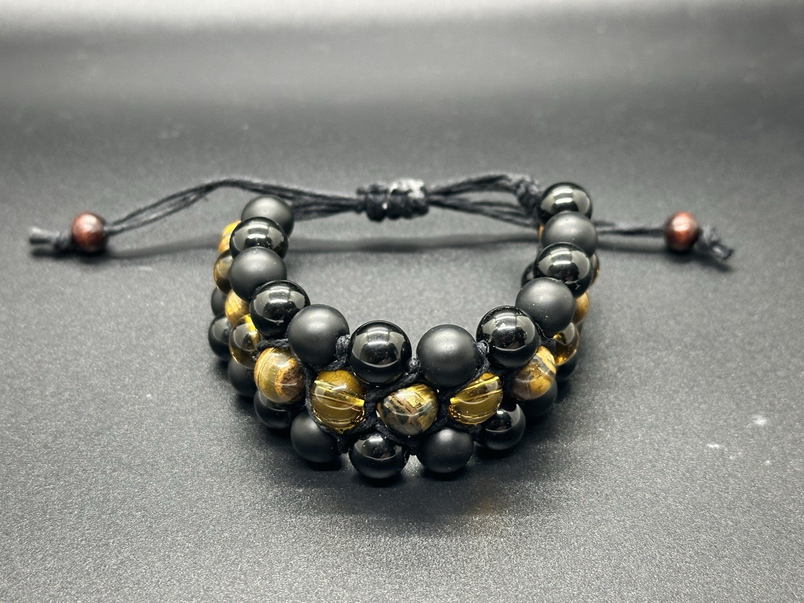 Yellow Tiger Eye Amber & Onyx Triple Mala Bracelet- Handmade Hemp Crystal Beads