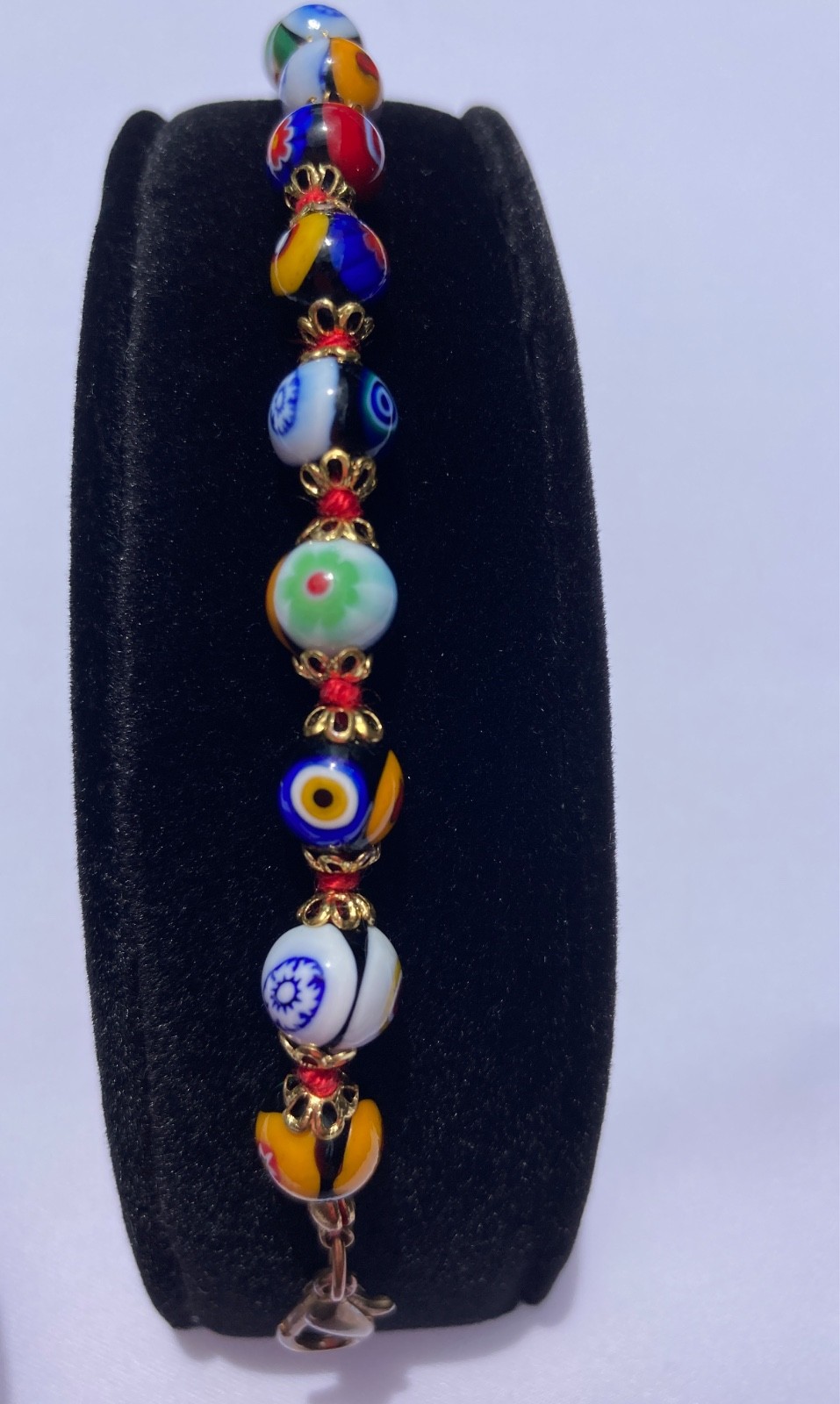 Vintage Murano Style Millefiori Glass Bead Bracelet Italy 7.5″ Hand Knotted