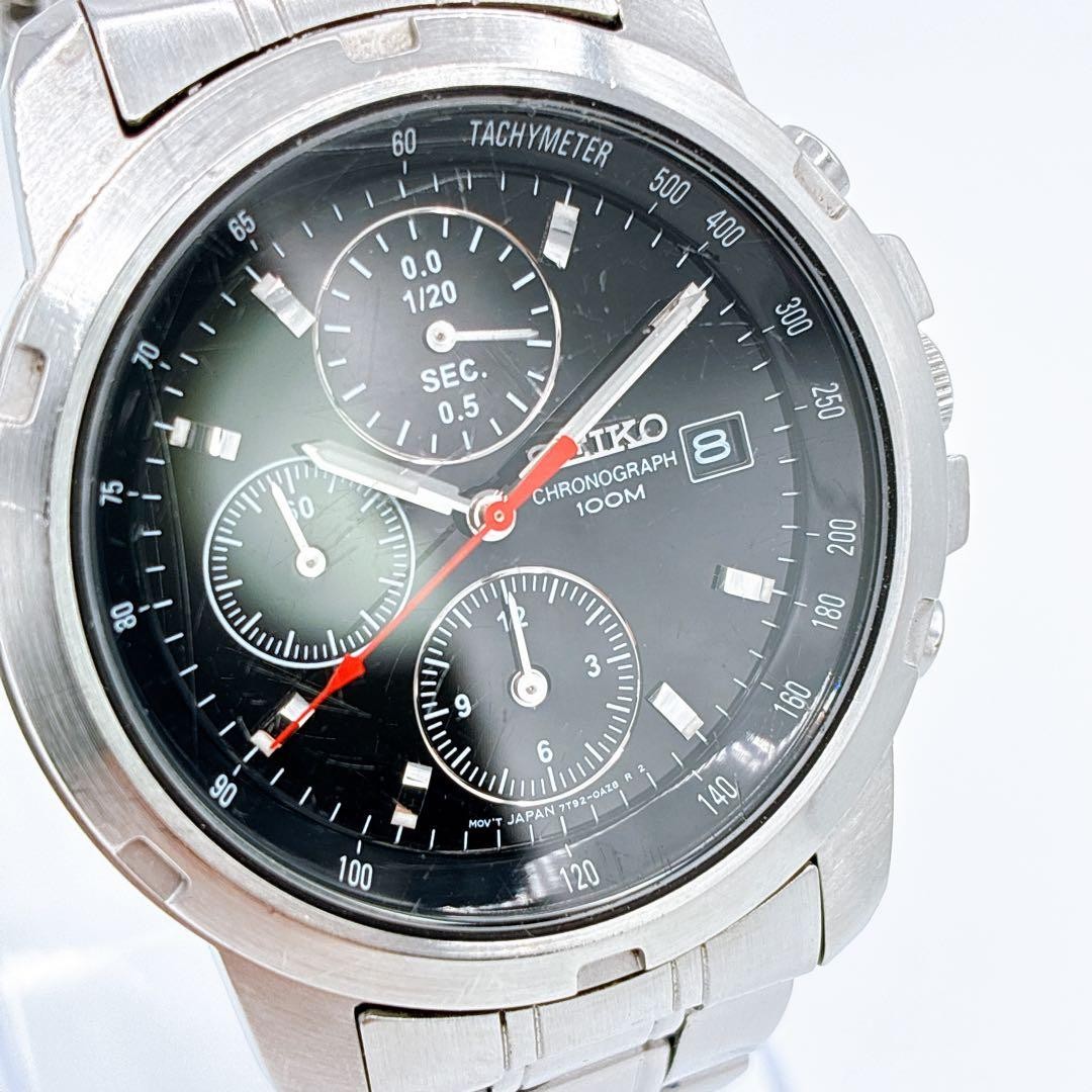 SEIKO Chronograph 7T92-0BF0, Black Dial, Red Hands, 1990