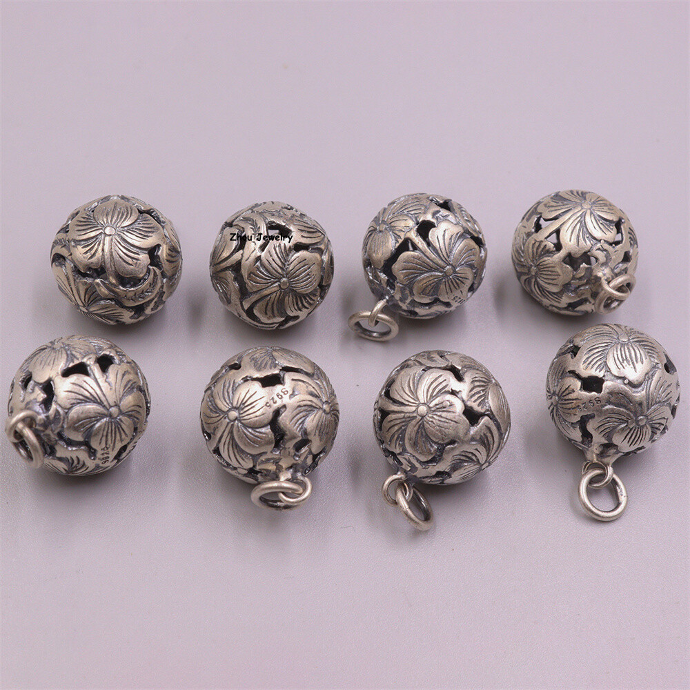 Real S925 Sterling Silver Men Women Openwork Flower Round Ball Pendant 4.8-5g