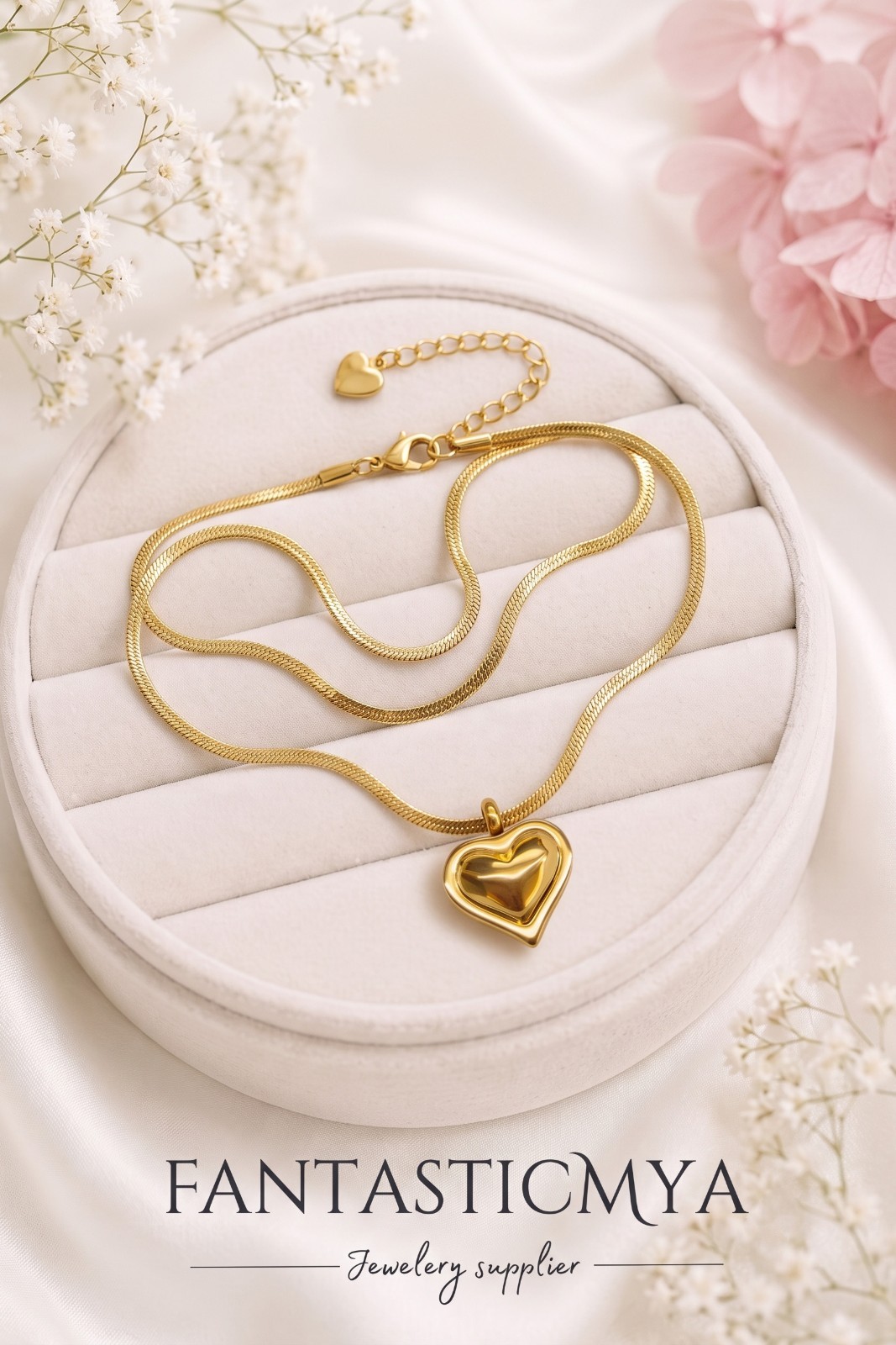 Stainless Steel 18K White Gold Plated Puffed Heart Pendant Snake Chain Choker