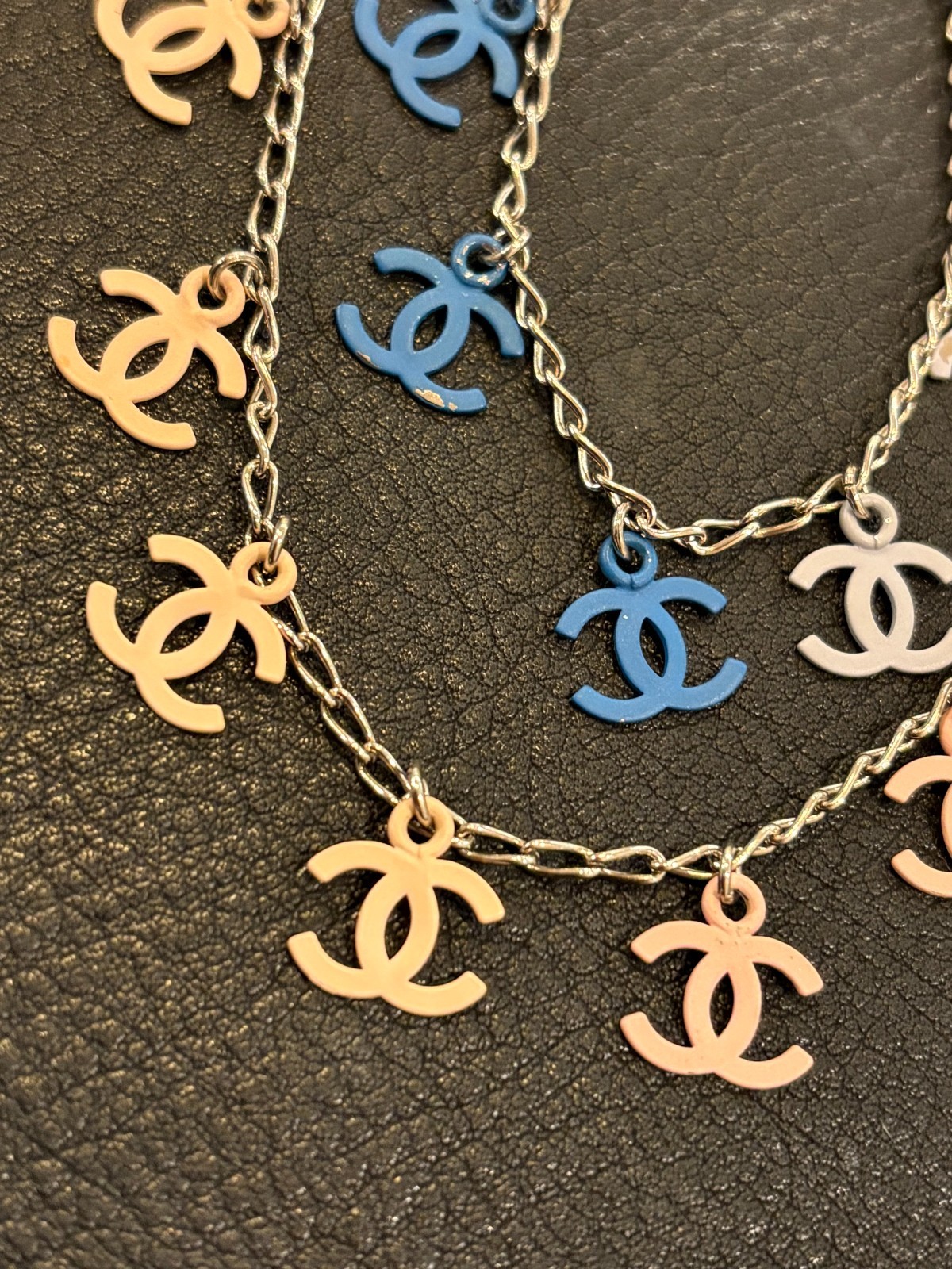 CHANEL Necklace Pendant choker Coco Mark CC Logo Auth Silver kenjp Blue Pink