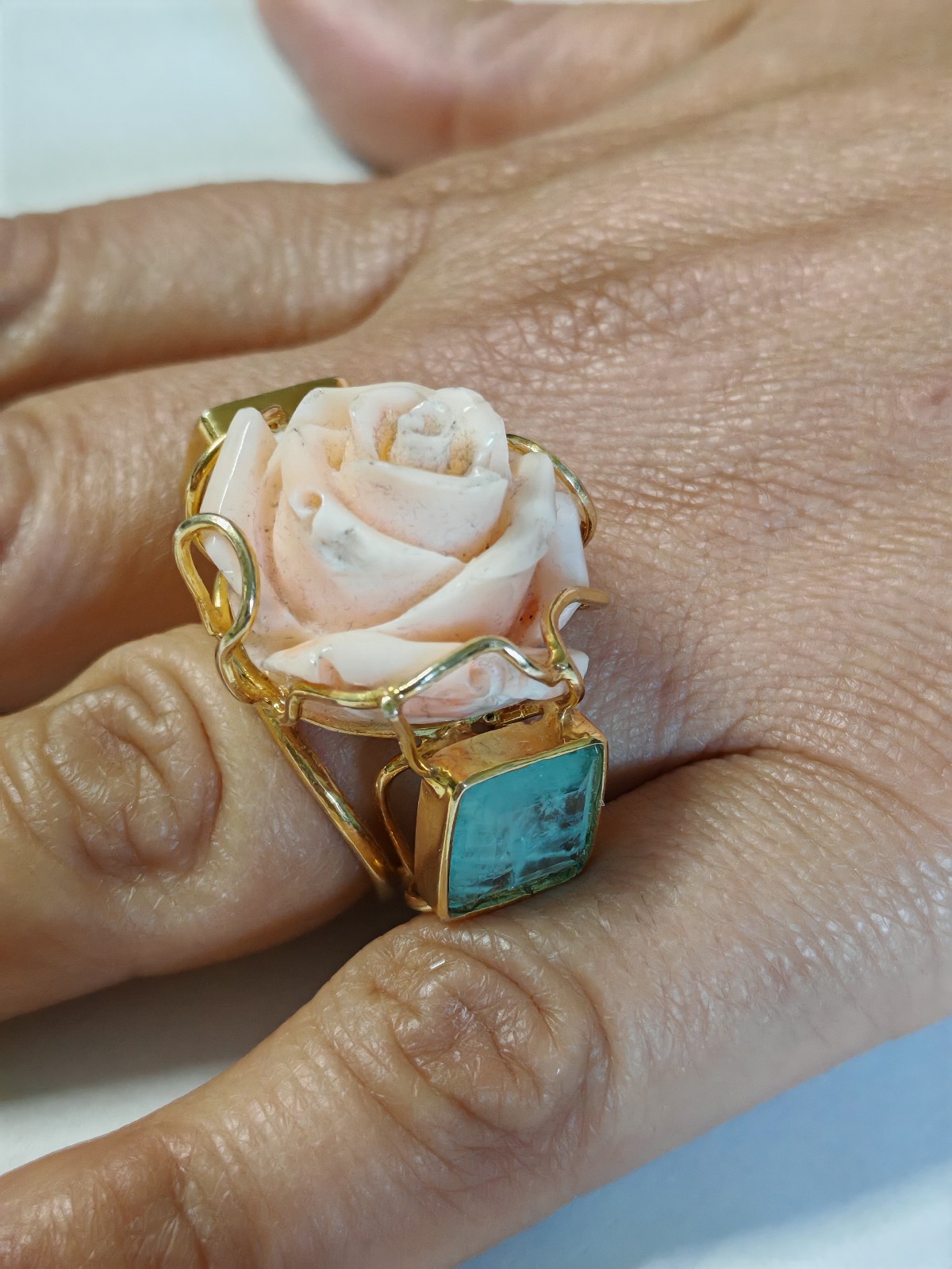 Women’s Ring Real Coral Pink Band 925 Silver Plac Yellow Gold Handmade