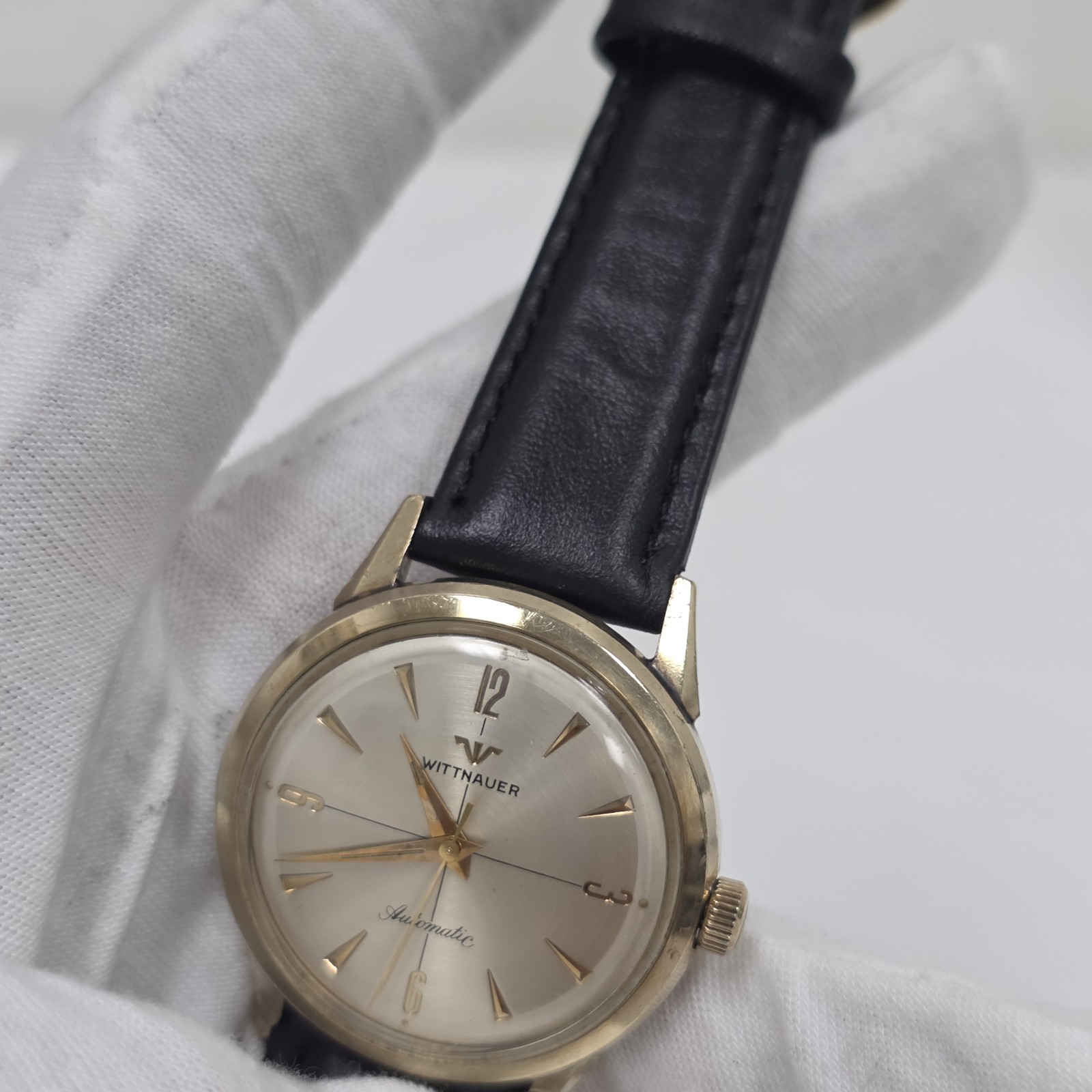 Vtg Wittnauer Mens Automatic Watch Swiss 11SR 17J 34mm Crosshair 10k Gold Filled