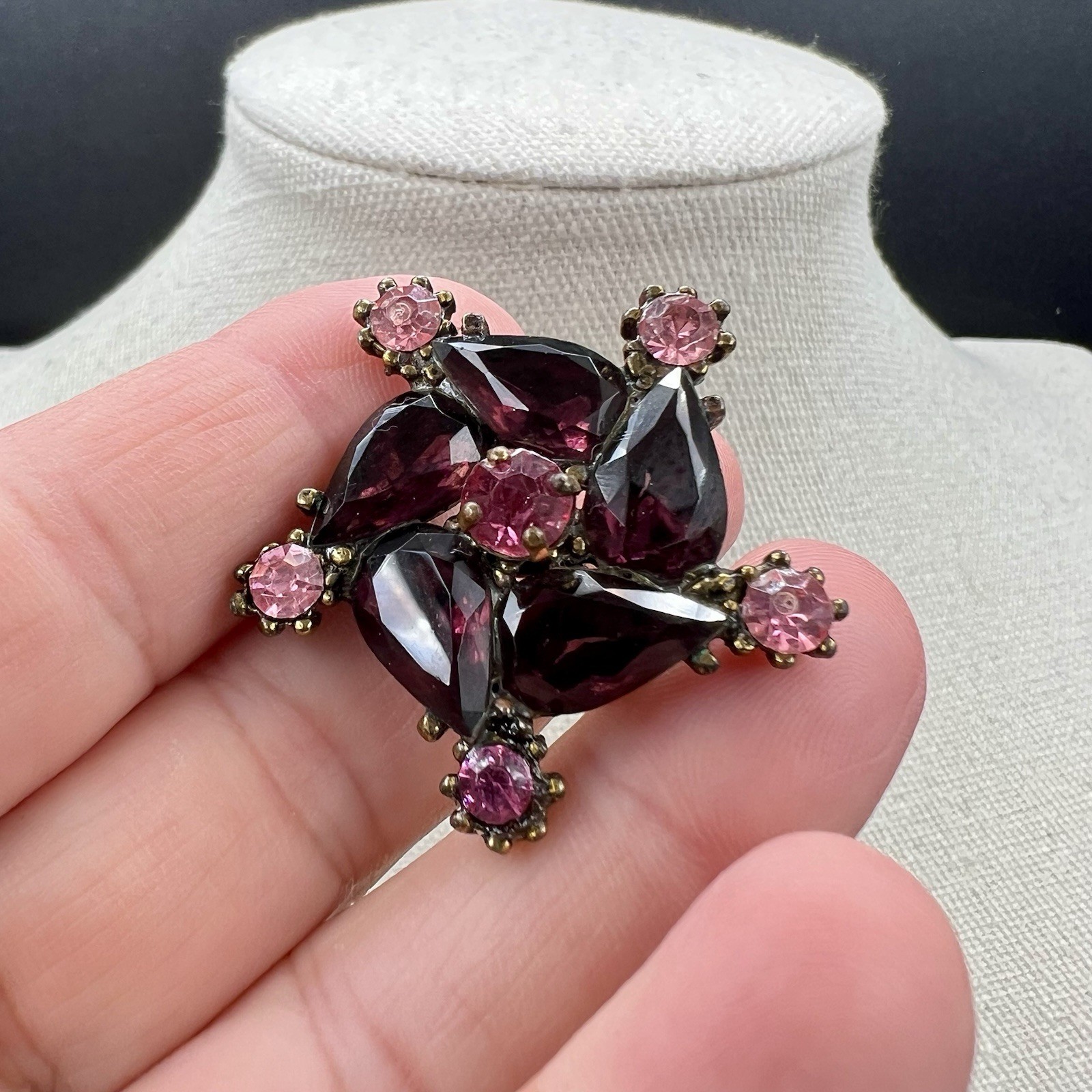 Vintage Plum Purple Navette Rhinestone Floral Statement Brooch Gold Tone