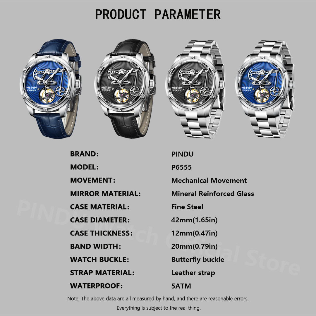 PINDU Men’s Luxury Dress Watch 45.5mm Steel Analog Oil Well Watch Luminous