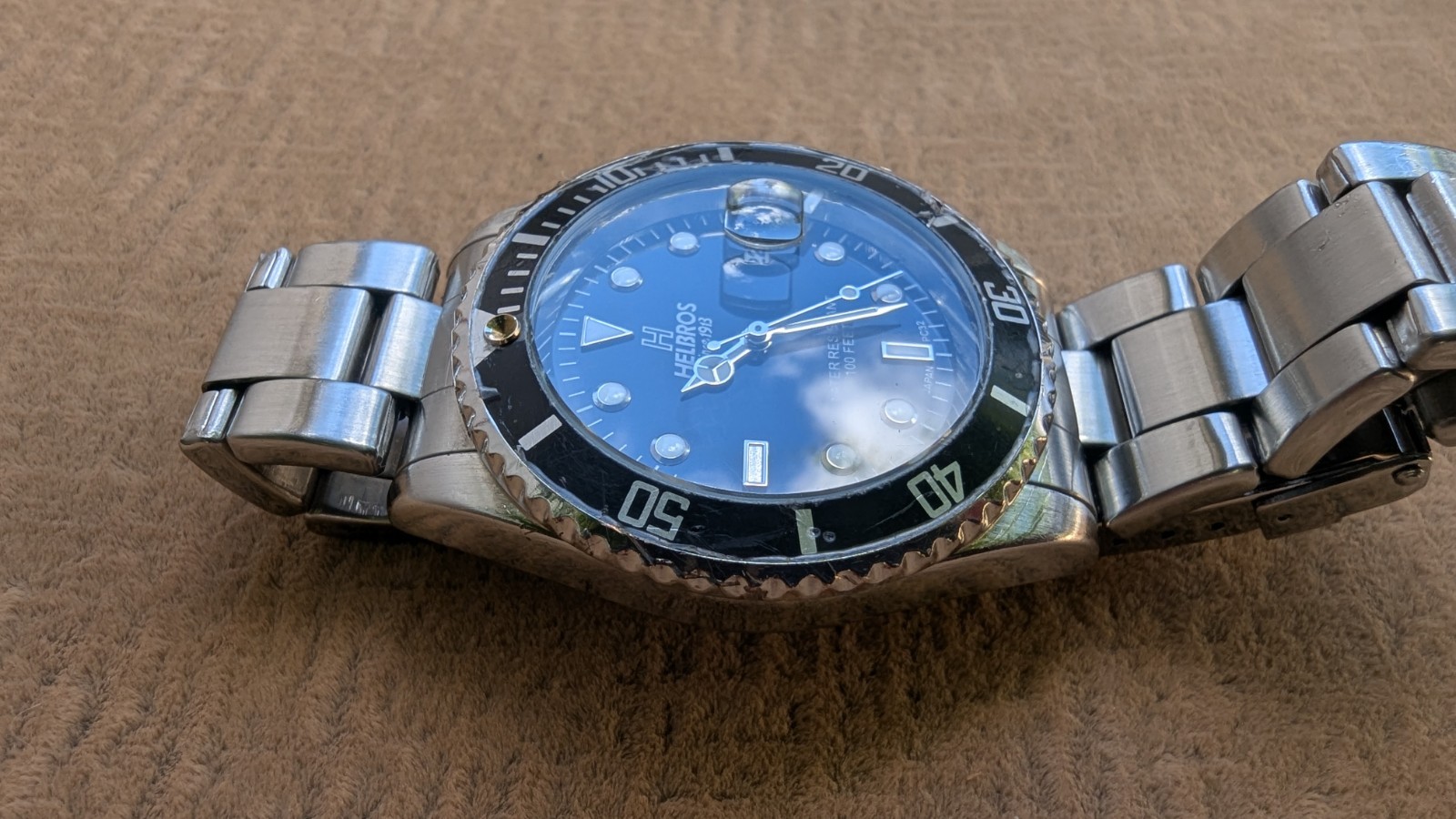 Helbros Divers Watch Men’s 626 Black Dial Stainless Steel Bracelet Band Date