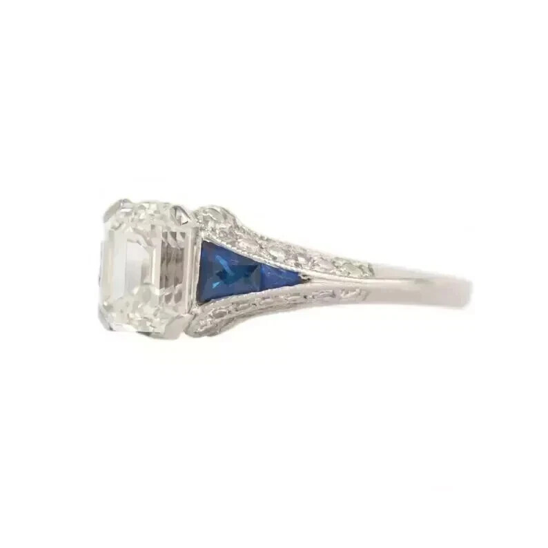 Art Deco Style Emerald Cut Lab Created Diamond Engagement 14K White Gold FN Ring