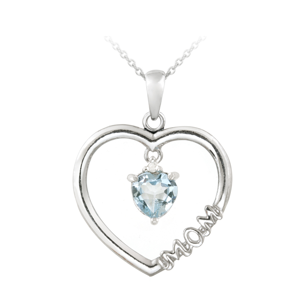 925 Silver Dangling .90ct Blue Topaz & Diamond Accent “Mom” Open Heart Necklace,