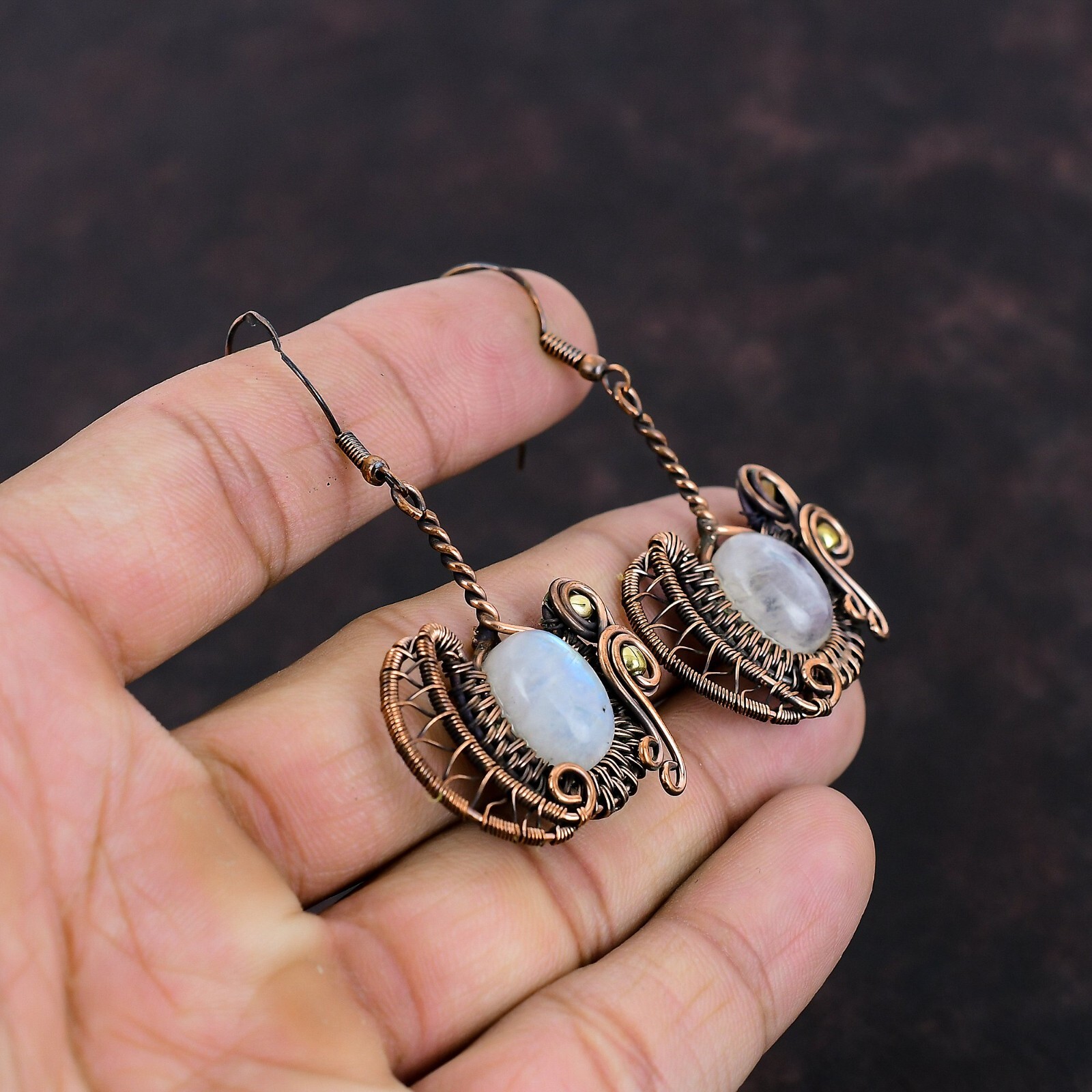 Rainbow Moonstone Wire Wrapped Earrings Handcrafted Copper Gift 2.28″