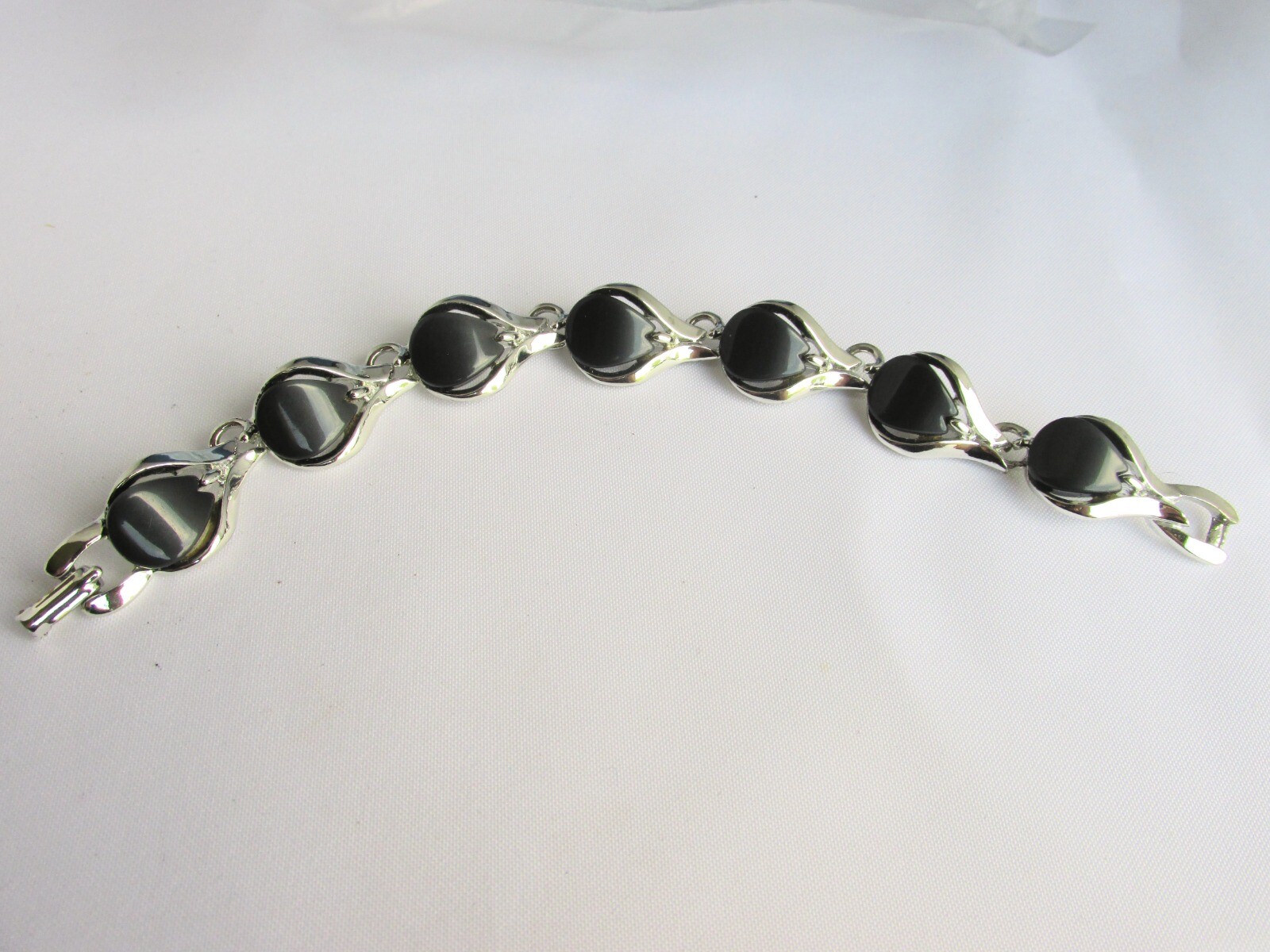 Vintage Charcoal Gray Thermoset Tear Drop Tiles Bracelet Silver Plate