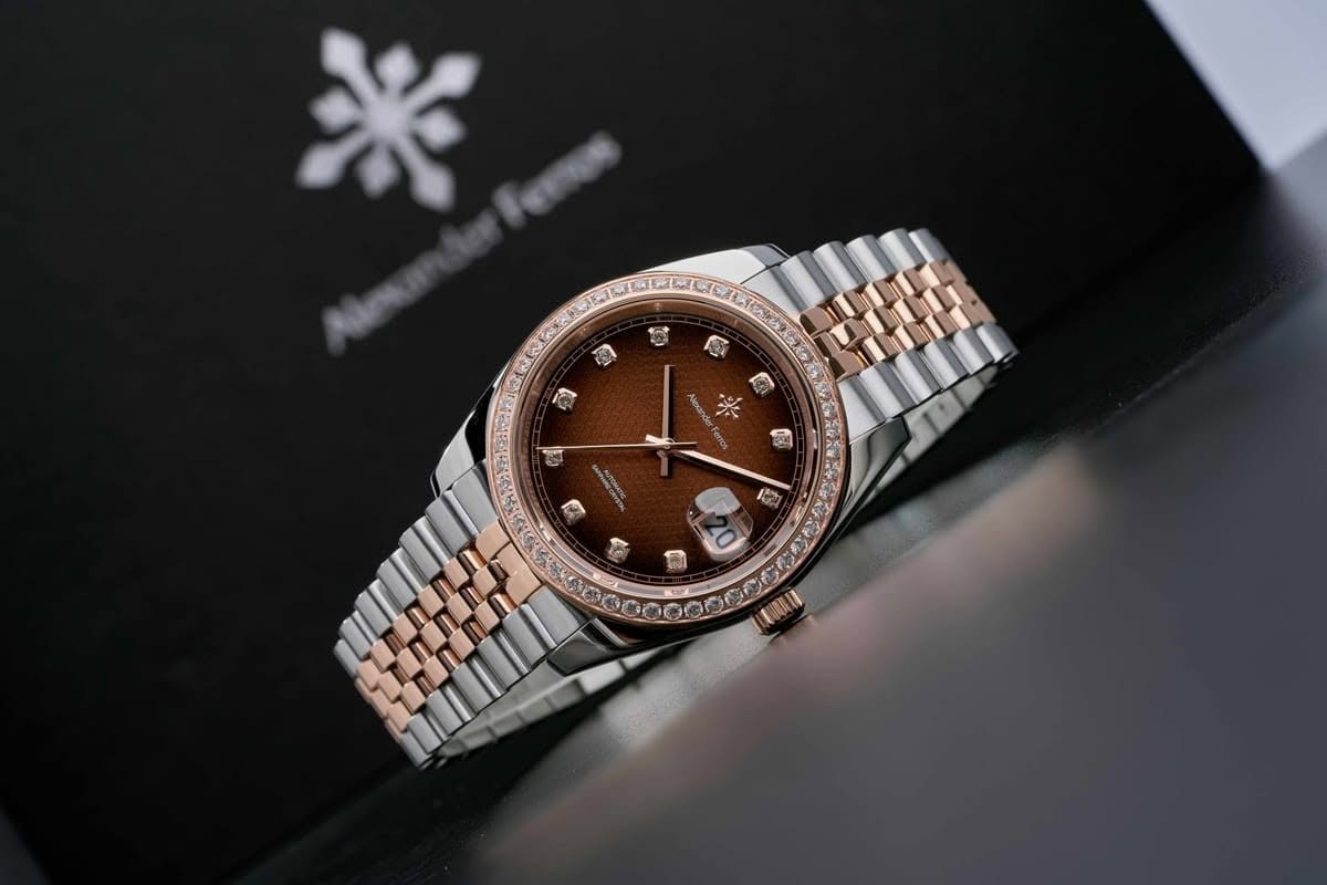 Alexander Ferros Automatic Watch Brown Wood Grain Dial Sapphire Crystal Men’s