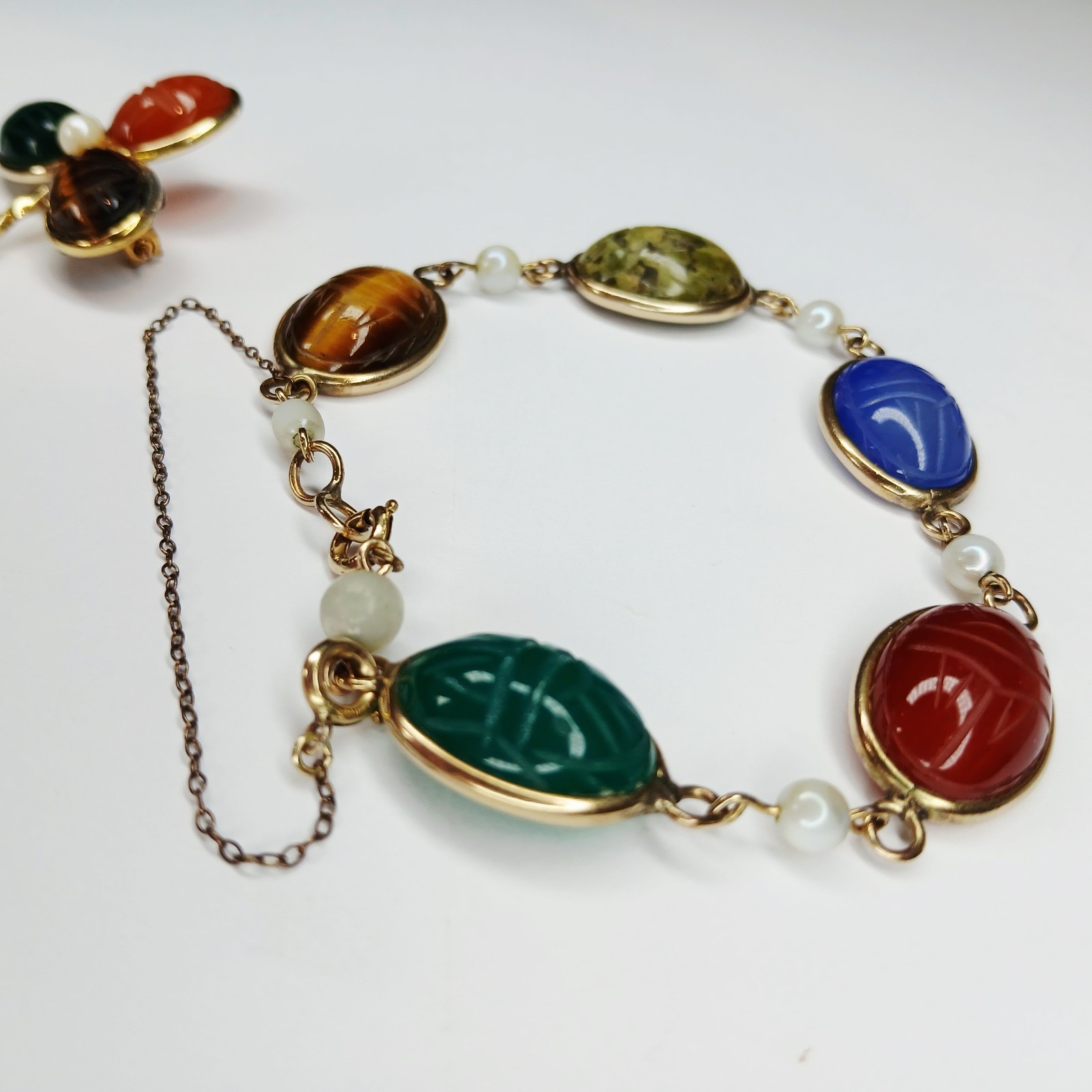 Vintage ~ Burt Cassell Egyptian Revival Gemstone Scarab Bracelet & Brooch Set 8″