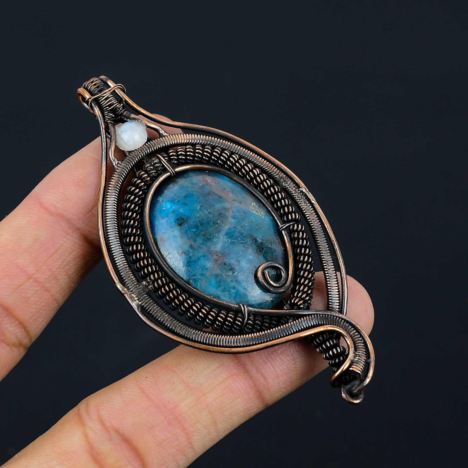 Neon Blue Apatite Handmade Gemstone Copper Wire Wrapped Jewelry Pendant