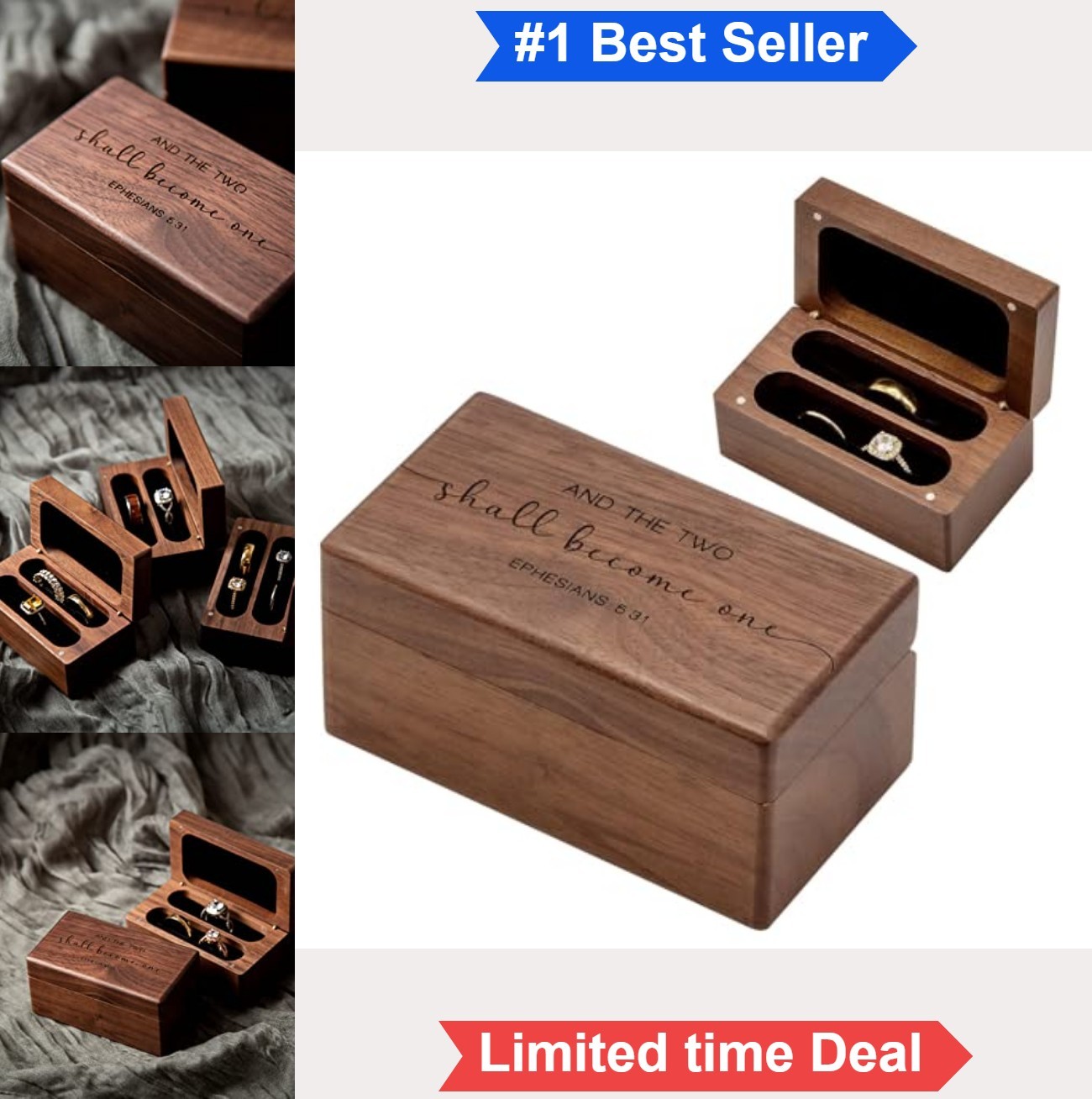 Engraved Wooden Ring Box Walnut Magnetic Closure 2 Slots 4 Rings Wedding