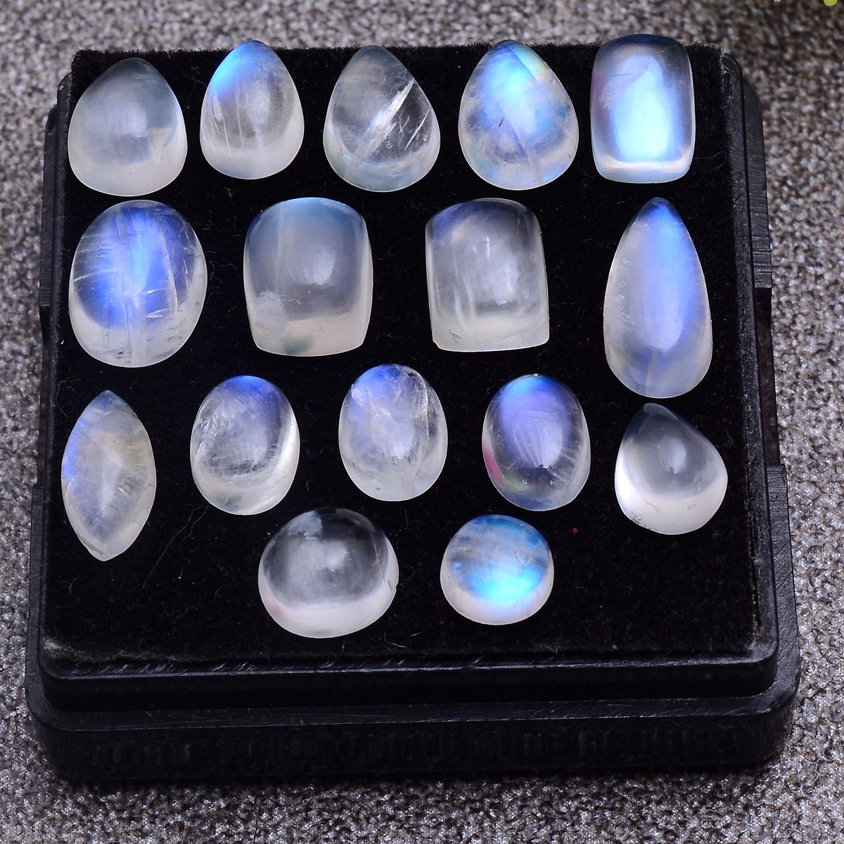 16 Pcs Natural Moonstone Blue Shine 6mm-12mm Smooth Mix Cabochon Loose Gemstones