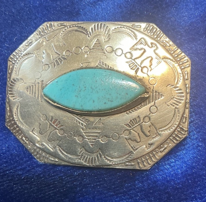 VINTAGE SOUTHWEST N.A. TURQUOISE BROOCH W/4 TBIRDS & ARROWS