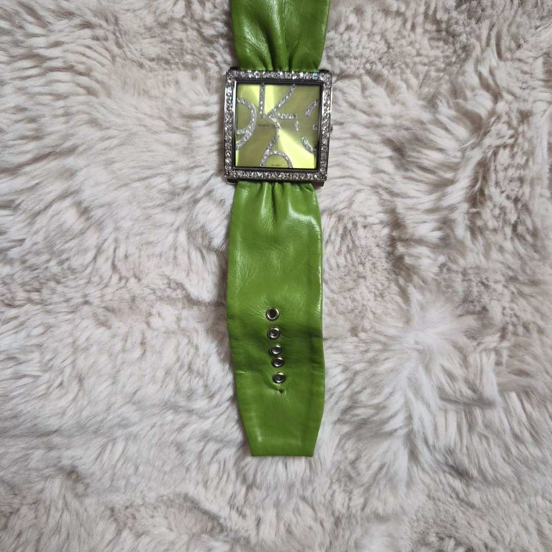 Vintage Y2K Watch Large Green Faux Leather Fabric Band Unique Rare Rhinestone