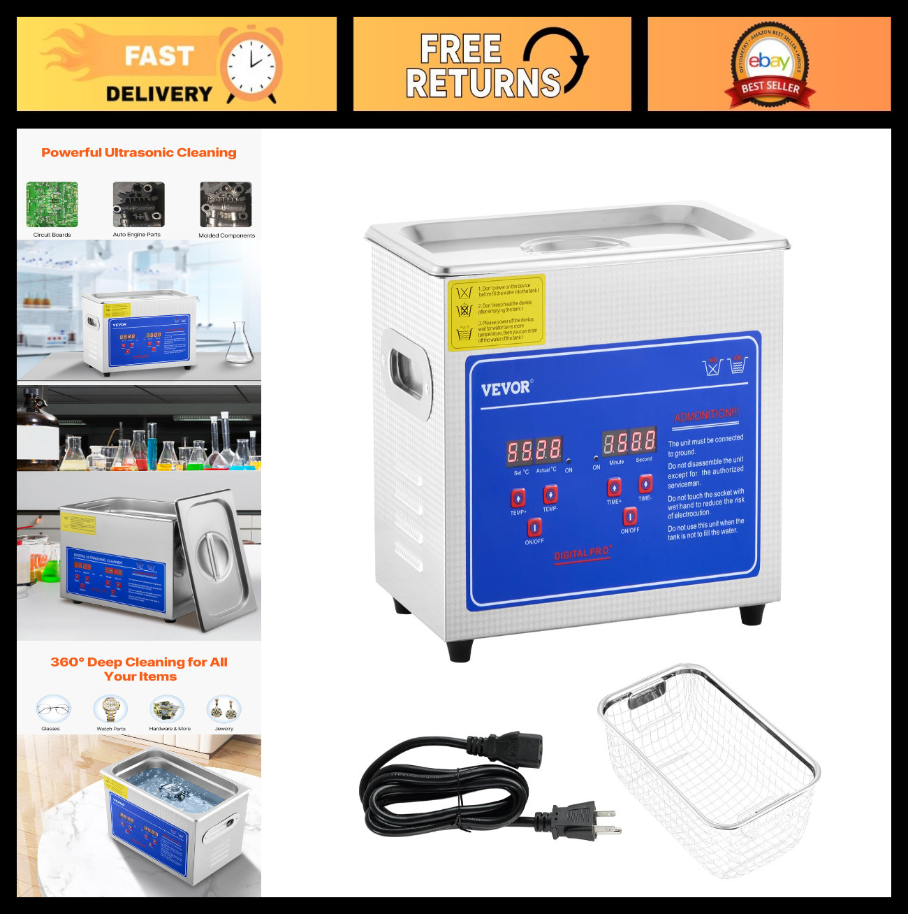 3L Ultrasonic Cleaner with Heating, Digital Timer & Stainless Steel Tank for Jew