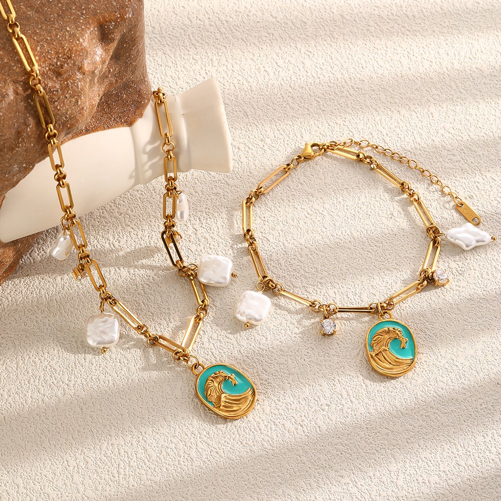 18K Gold Plated French style Wave Enamel Imitation Pearl Bracelet Necklace Set