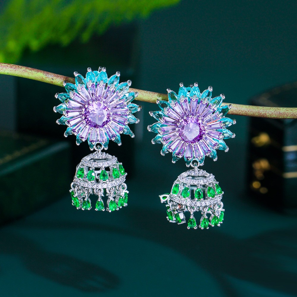 Silver Plated Green Purple Flower Tassel Dangle Earrings Women Zirconia Jewelry