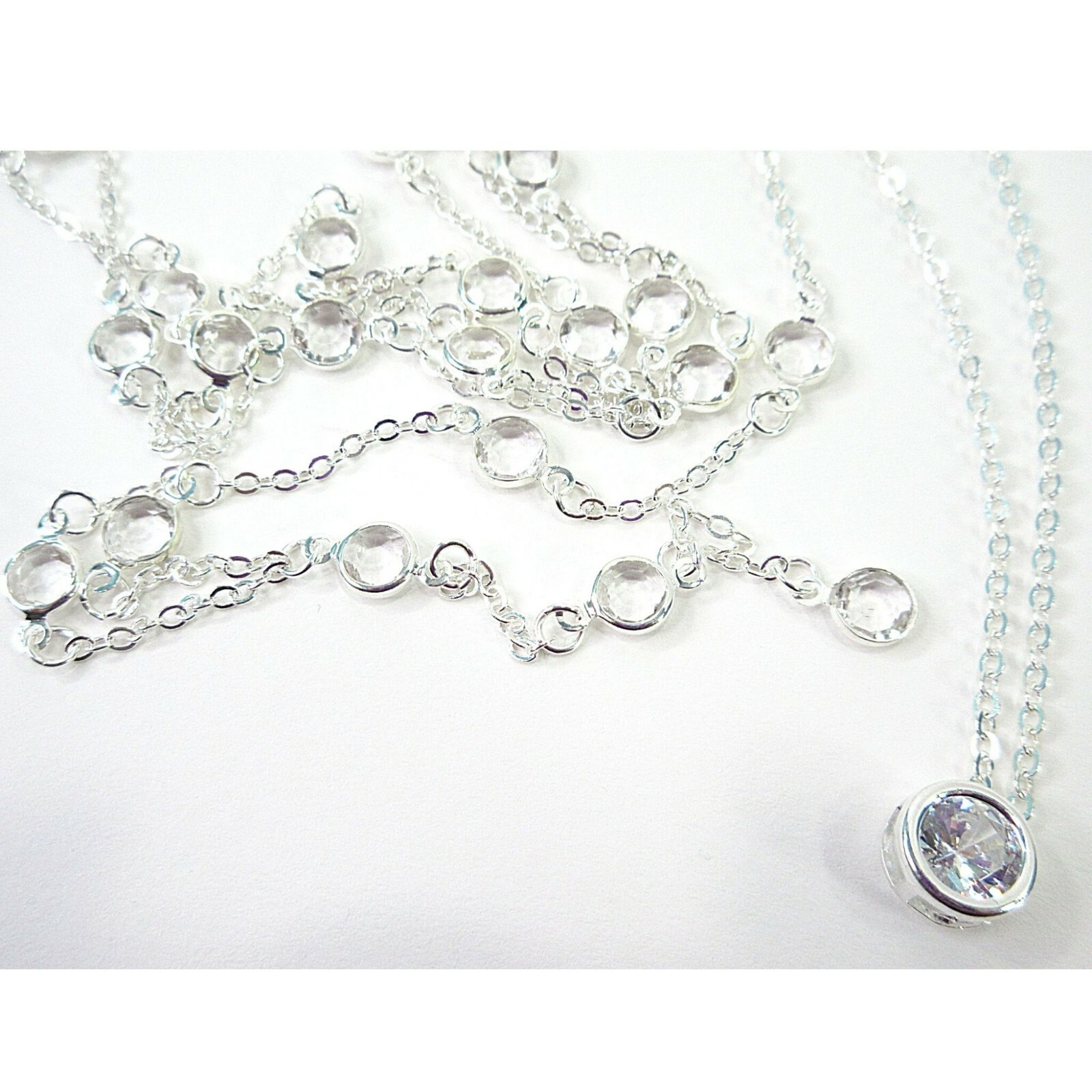 Crystal Silver Necklace Long Lariat Choker 2 Layer Y Drop Chain Stations Sparkle