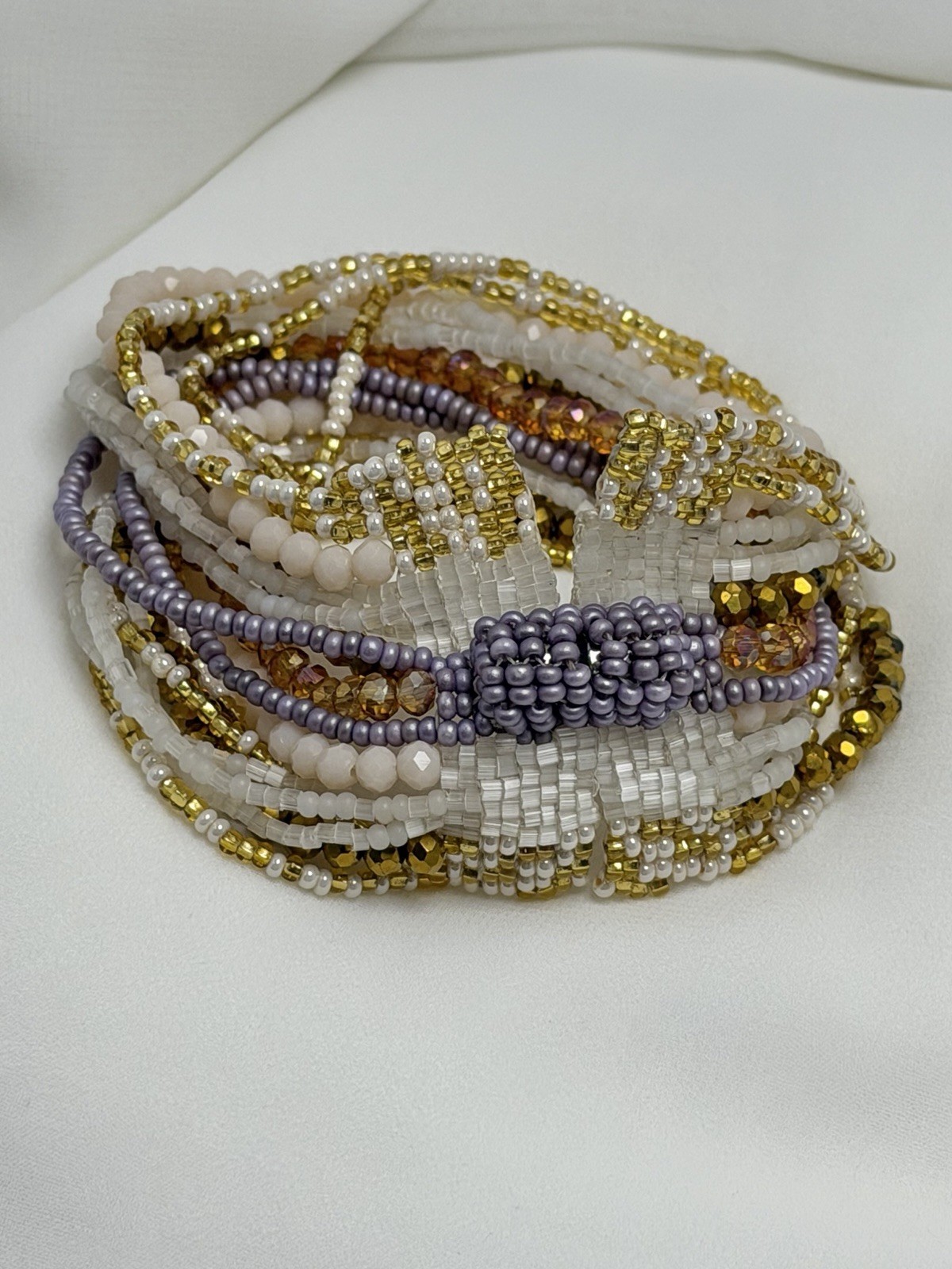 Multicolor Glass Beaded Wrap Bracelet Slide Closure Adjustable Gold/White/Purple