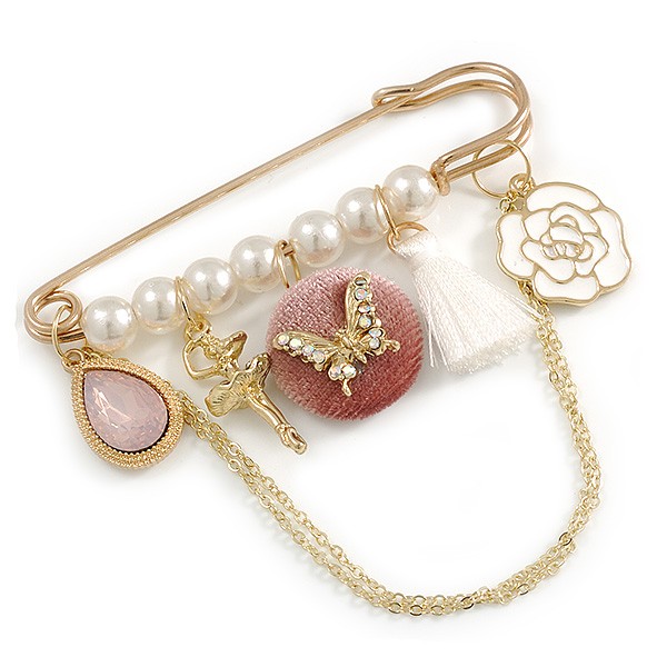 Vintage Inspired Gold Plated Safety Pin Brooch With Pearl Beads, Chains and