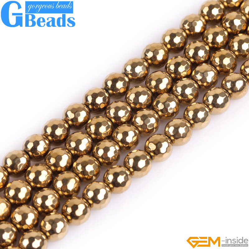 Gold Metallic Coated Reflections Hematite Faceted Round Beads 15″ Free Shipping