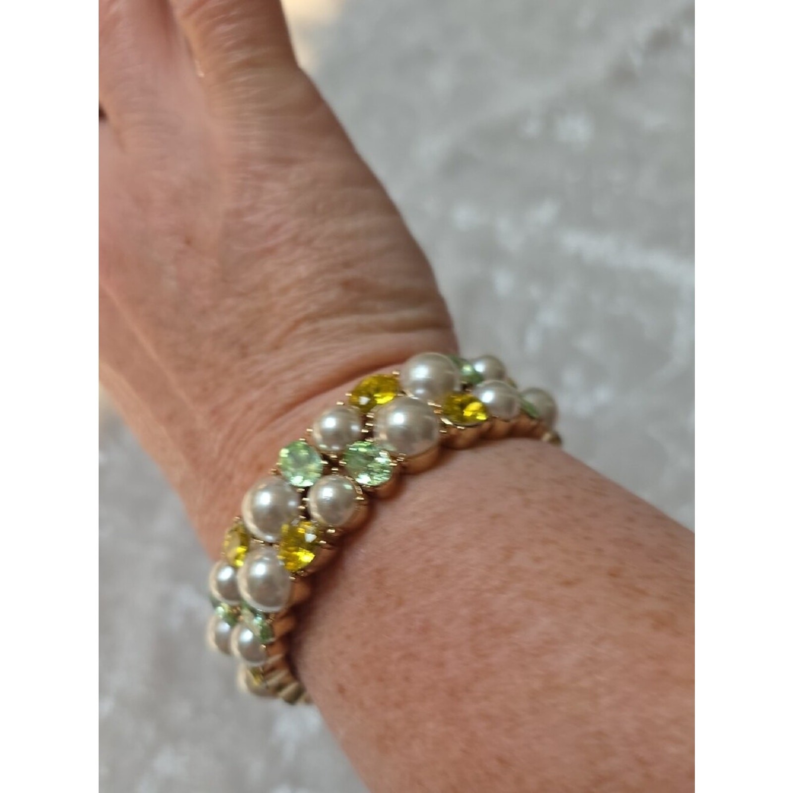 Charter Club Pearl Stretch Bracelet with Yellow and Light Green Crystals