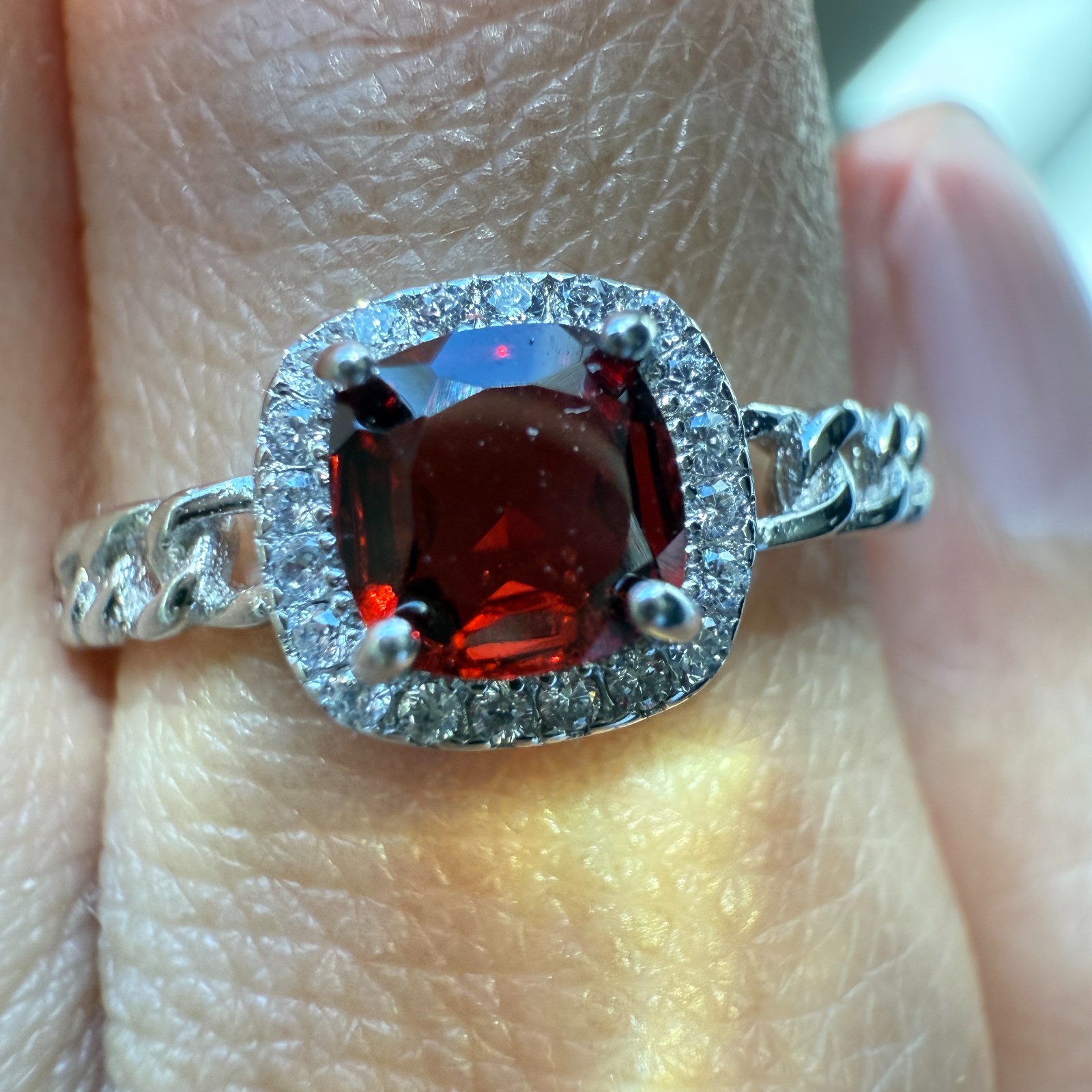 925 Sterling Silver Ring 5mm Natural Rhodolite Garnet Zircon Handmade Chain Gift