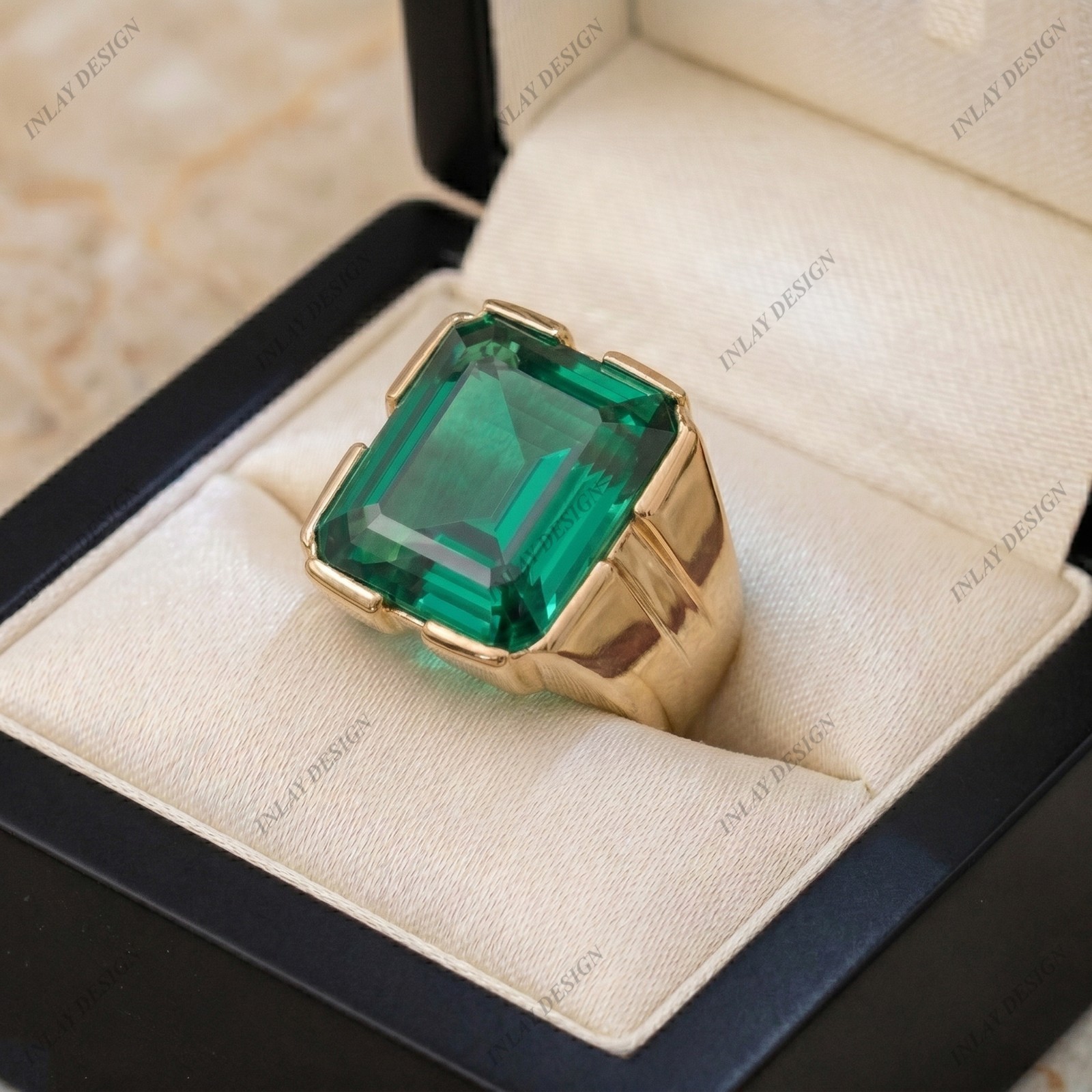 Green Emerald Cut Men’s Band Ring 14K Yellow Gold Plated Gemstone Ring For Him