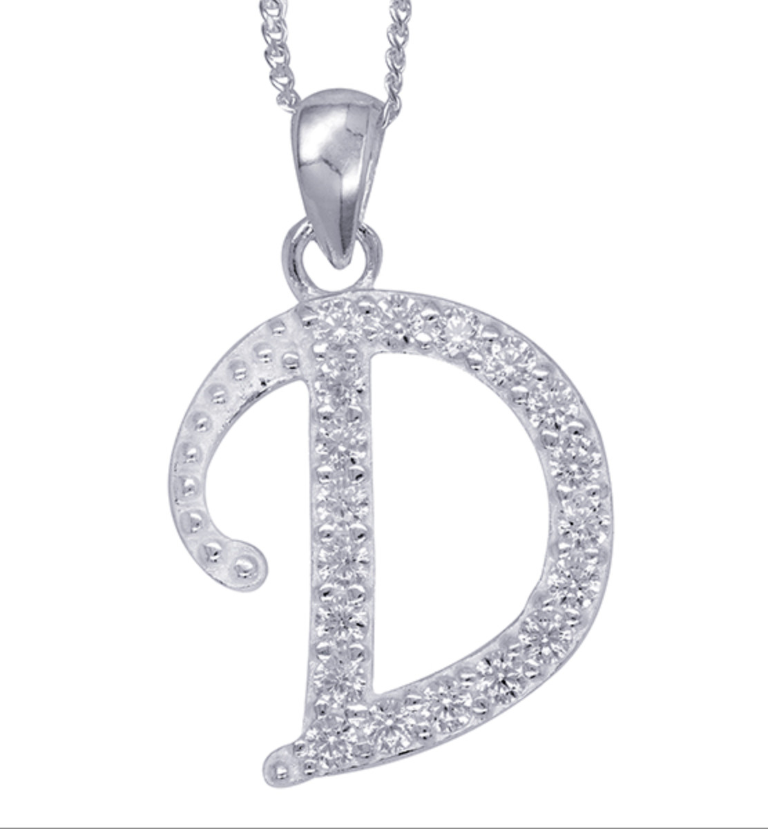 Sterling Silver CZ Initial D Pendant with 45cm + 5cm Extender Chain -Free post