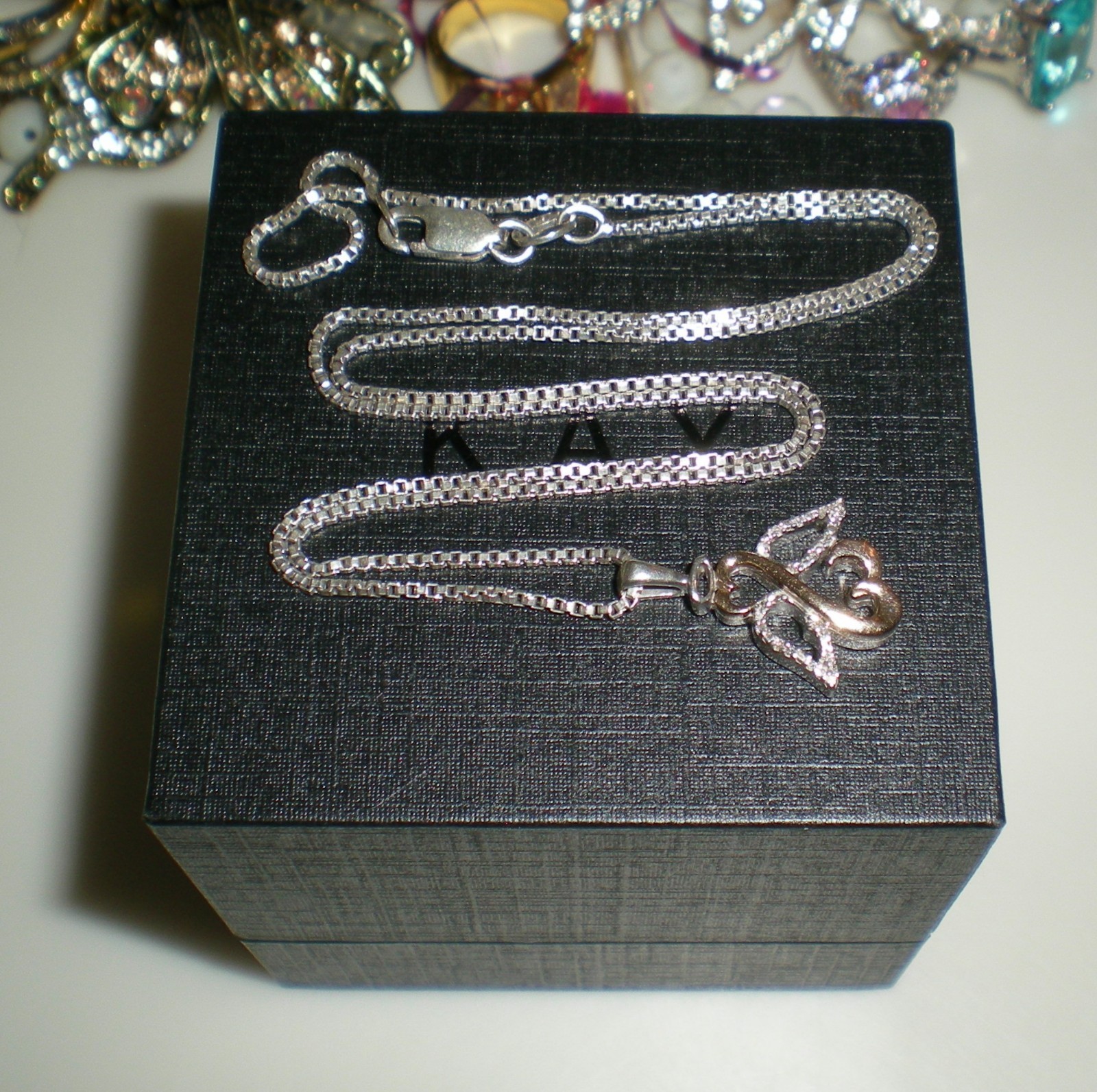 Jane Seymour Open Hearts 1/20ct SS 10K Rose Gold ANGEL Diamond Necklace KAY BOX