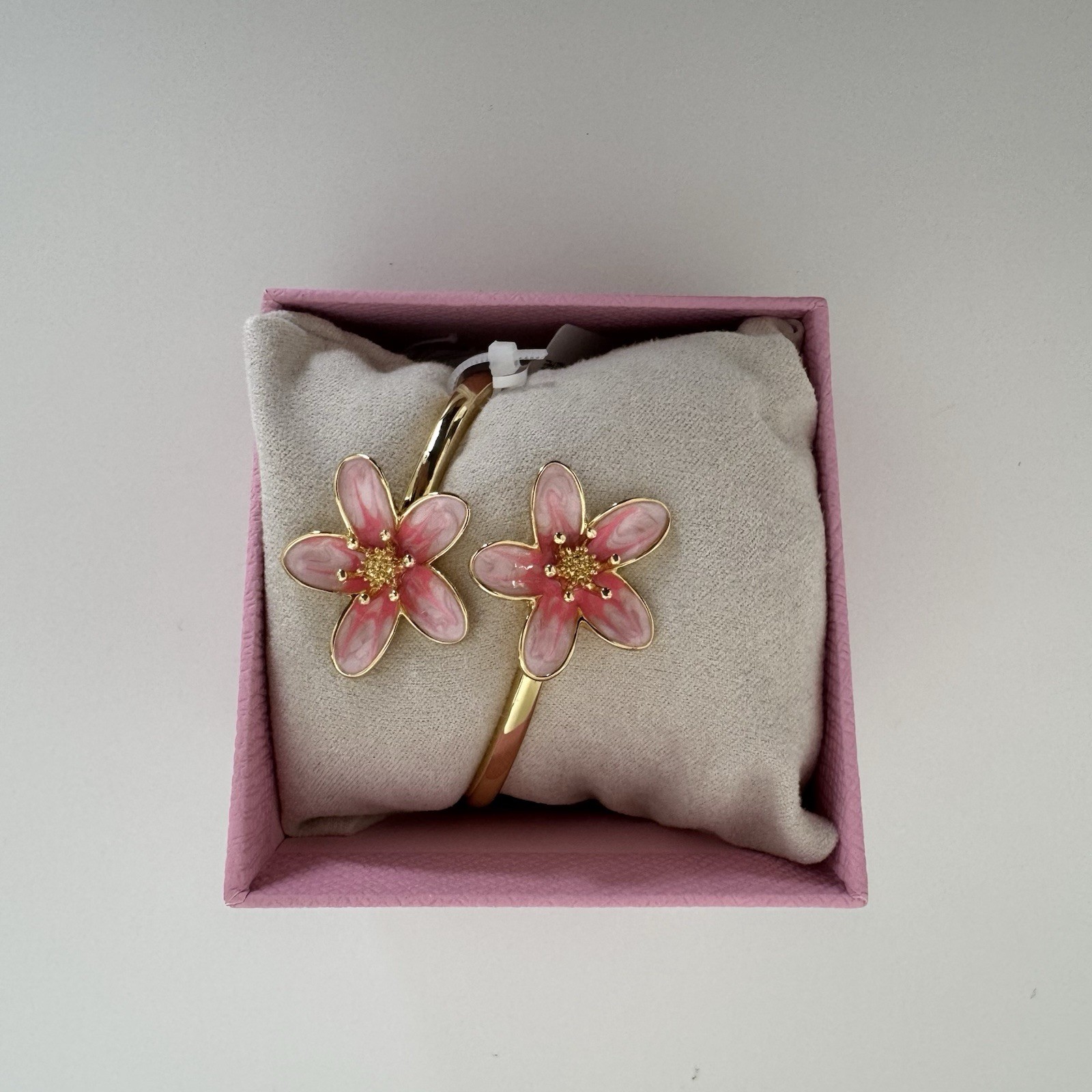 Piper K Hand Painted Pink Flower Gold Tone Cuff Bracelet Gift Box New