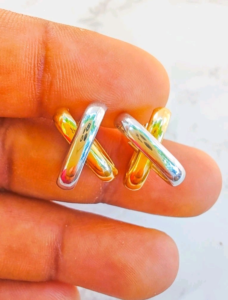 14K Two‑Tone Gold X‑Design Earrings • 2.50g • Snap‑Bar • Marked 14K Israel