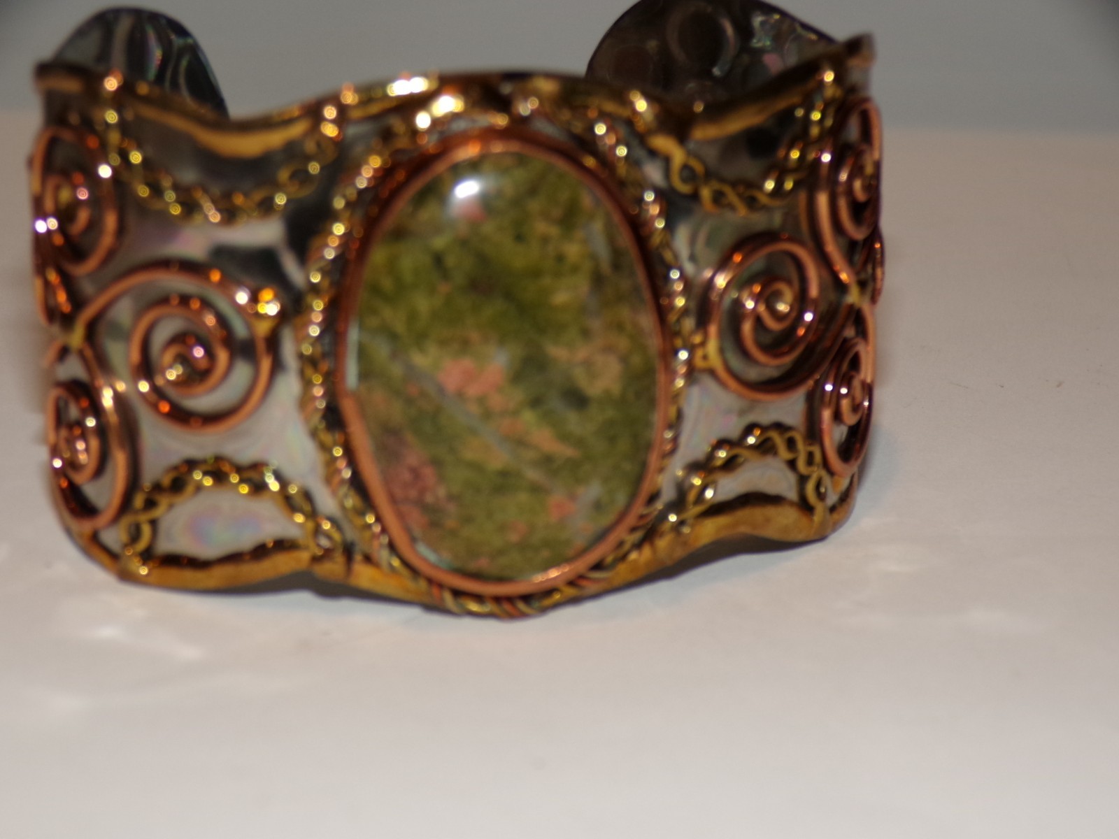 Bracelet Jewelry Unakite Mixed Metal Cuff Ladies Vintage [291]