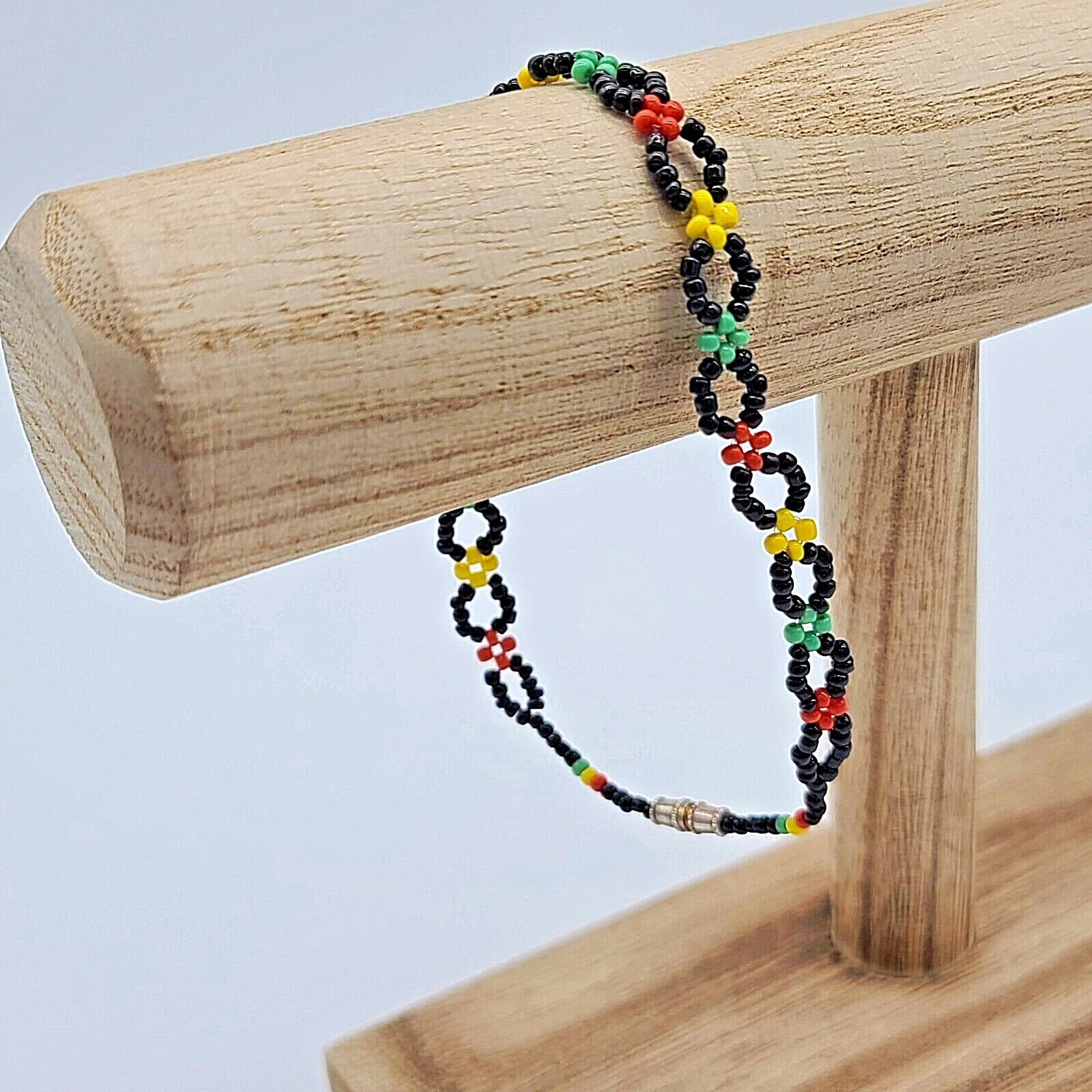 Black, Yellow, Red & Green Seed Bead Woven Anklet