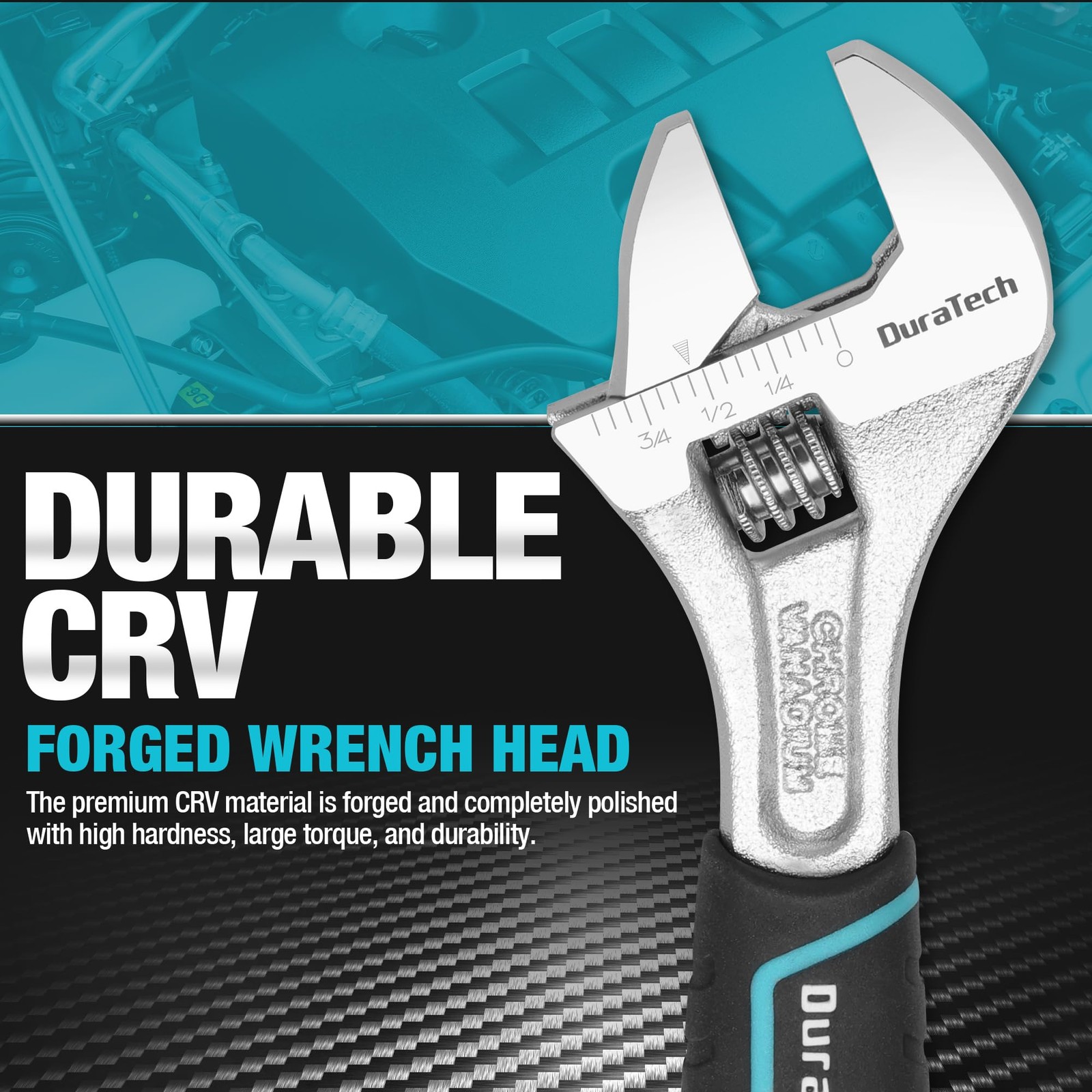 DURATECH 6-Inch Adjustable Cr-V Steel Wrench, Wide Jaw 6 inch, Black