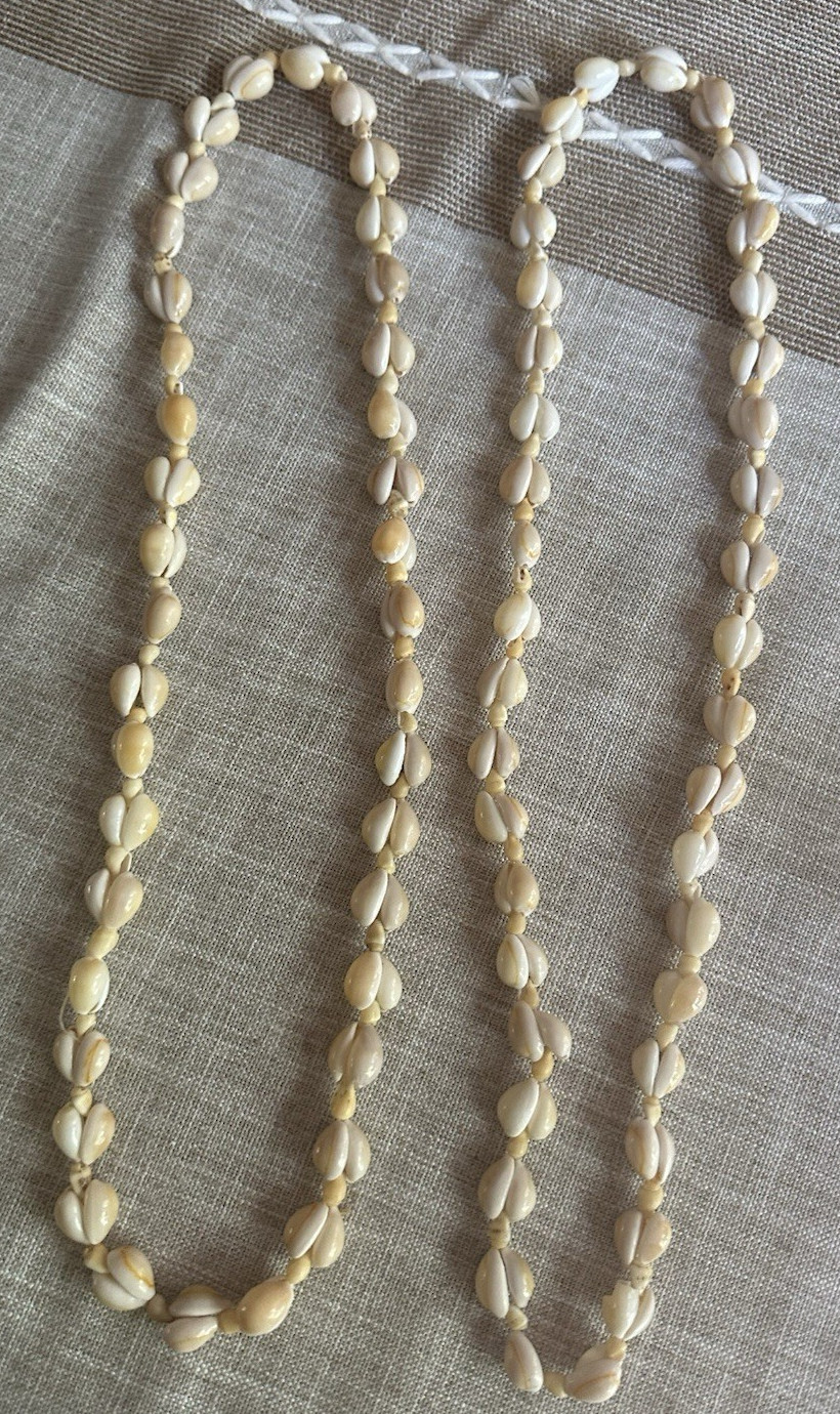 Vintage Lot Of 2 Necklaces Cowrie Conch Shell Hawaiian Tropical Chunky Long Lei