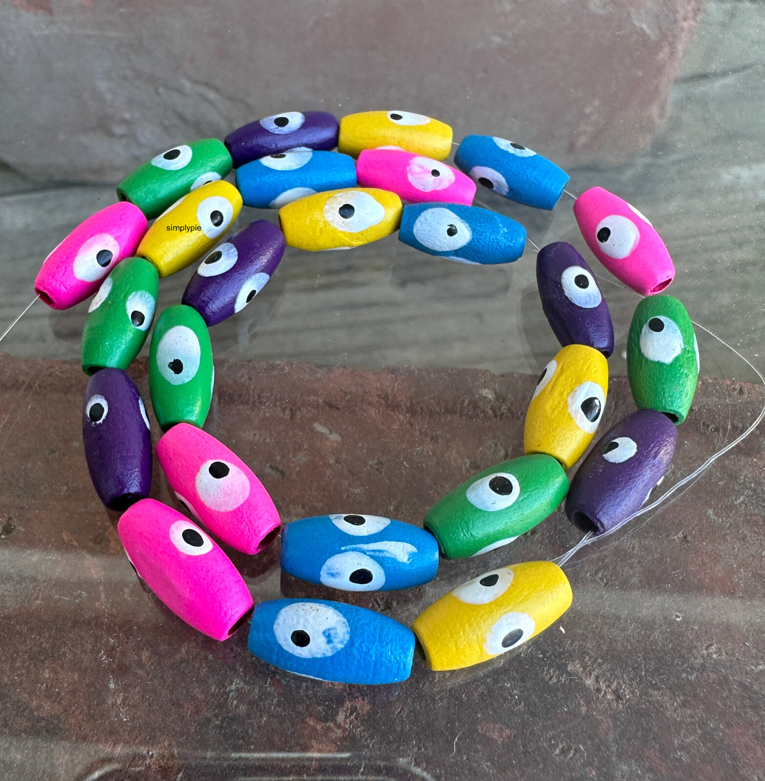 Evil Eye Colorful Oval Wood Beads Strand 25 Large Hole Korean Boxwood