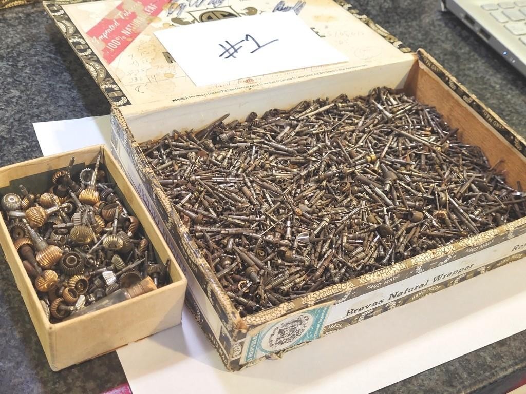 Cigar box of American Pocket watch stems, crowns, sleeves 1,000’s of pieces #1